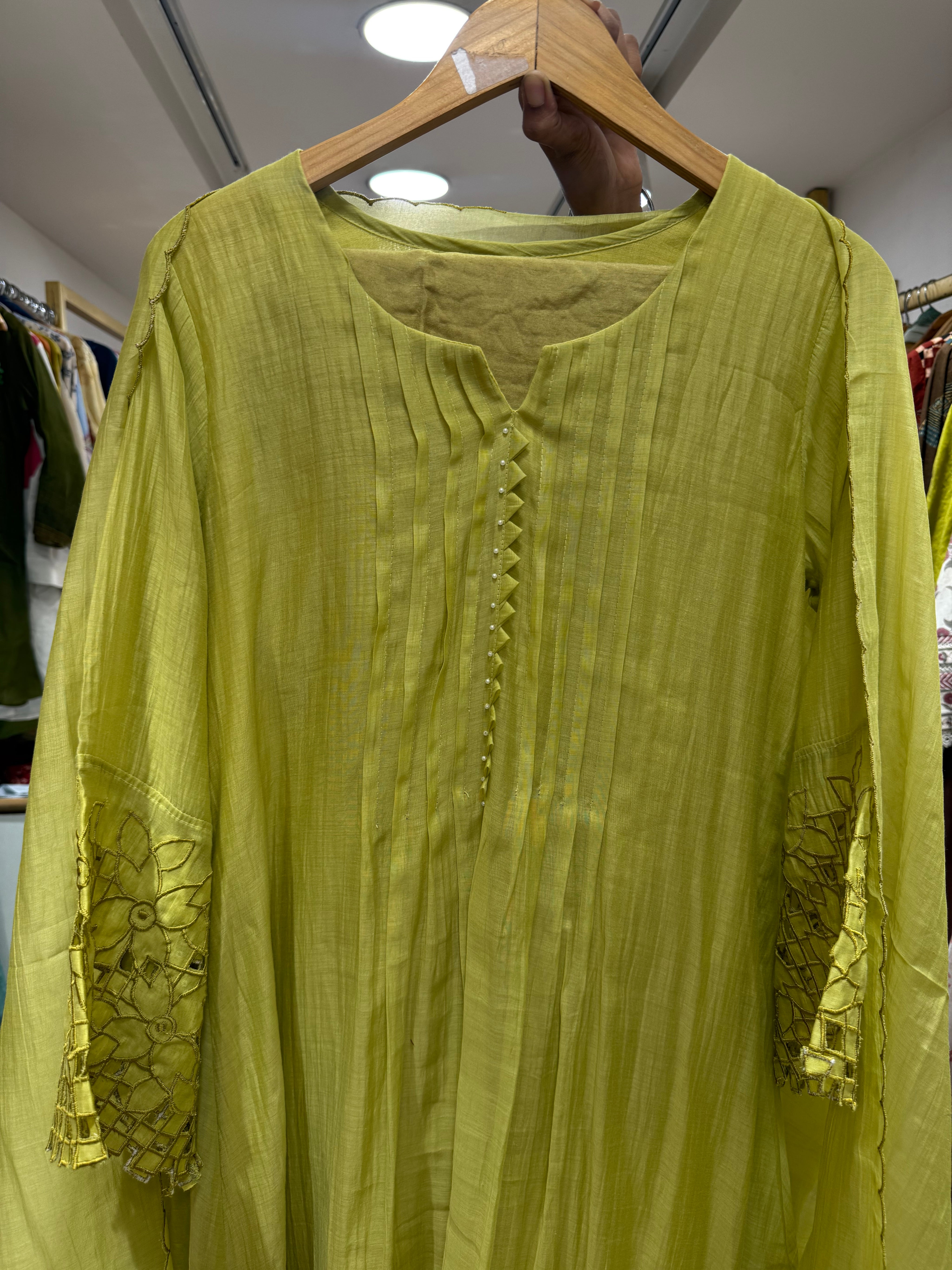 Eshika Mul Chanderi Cut Work Dress- Lemon Green
