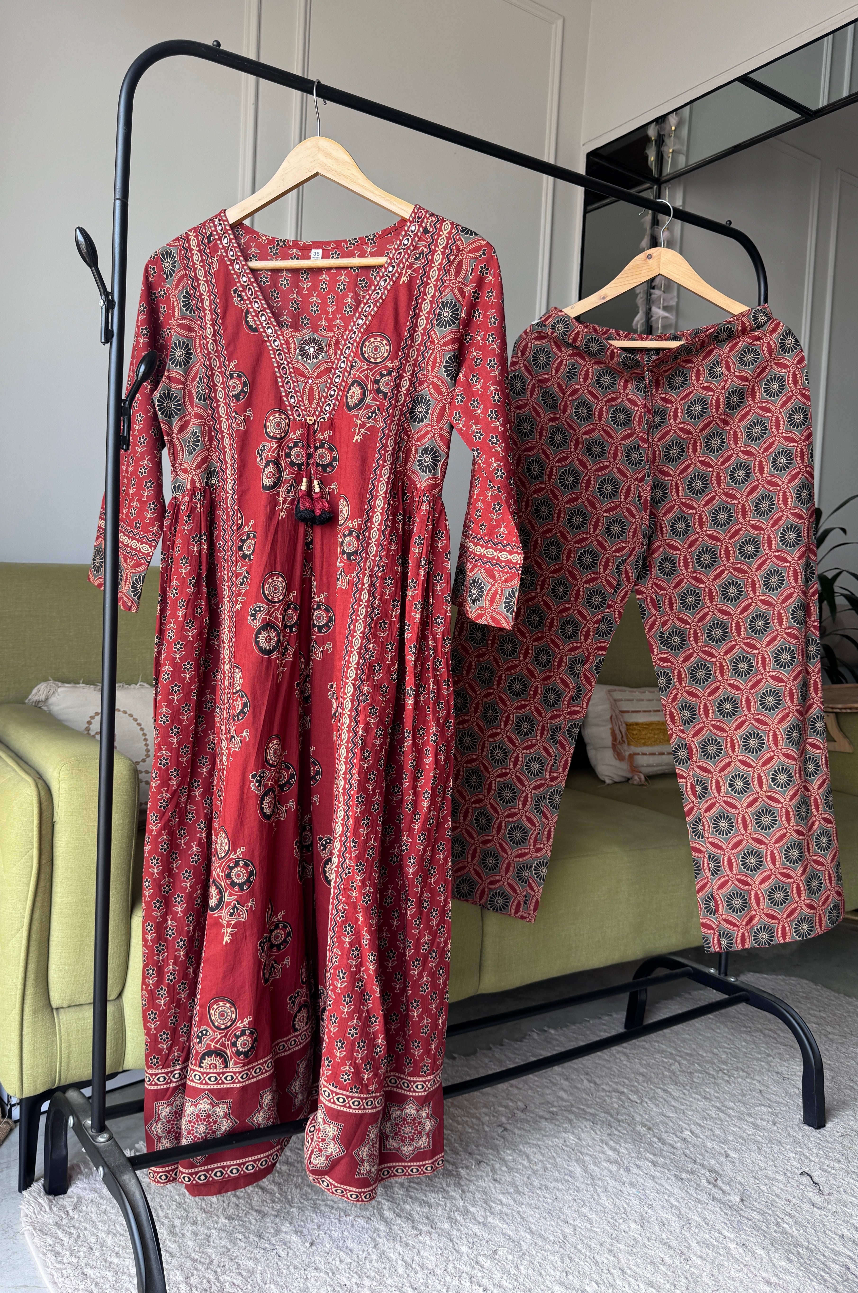 Usha Ajrakh Cotton Dress- Red