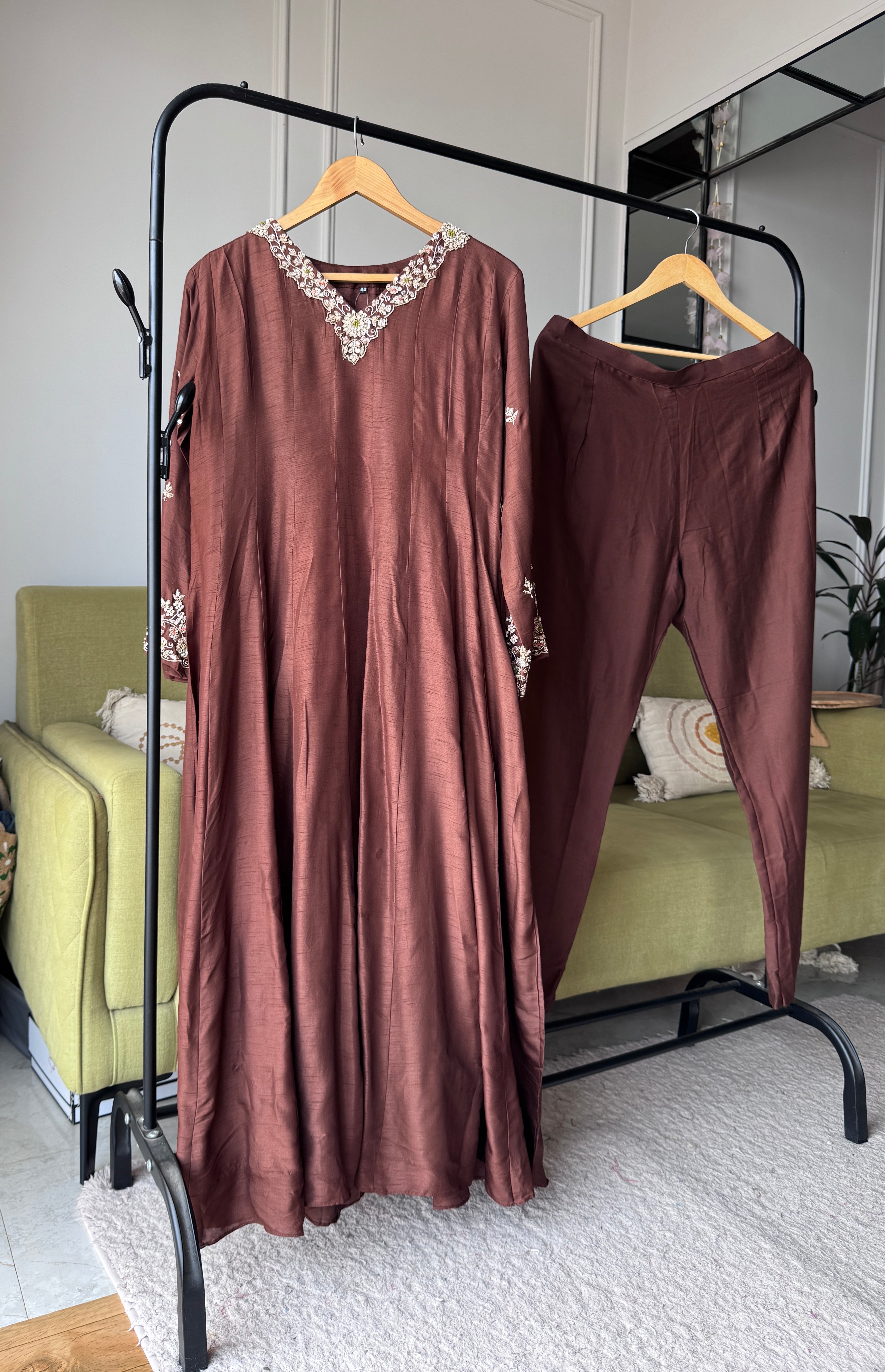 Kajal Handwork Mul Chanderi Anarkali Dress- Brown