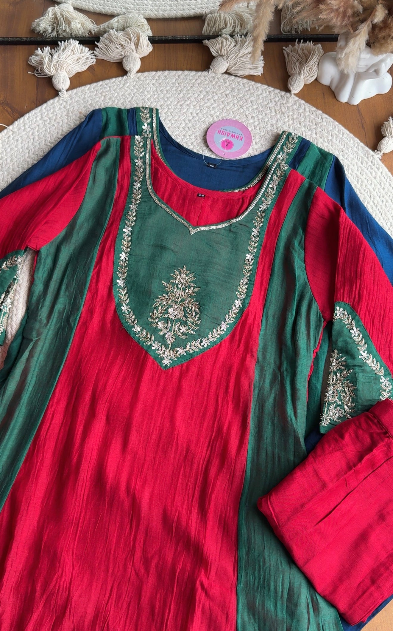 Kaushalya Colour Blocking Hand Work Aline Dress-Red