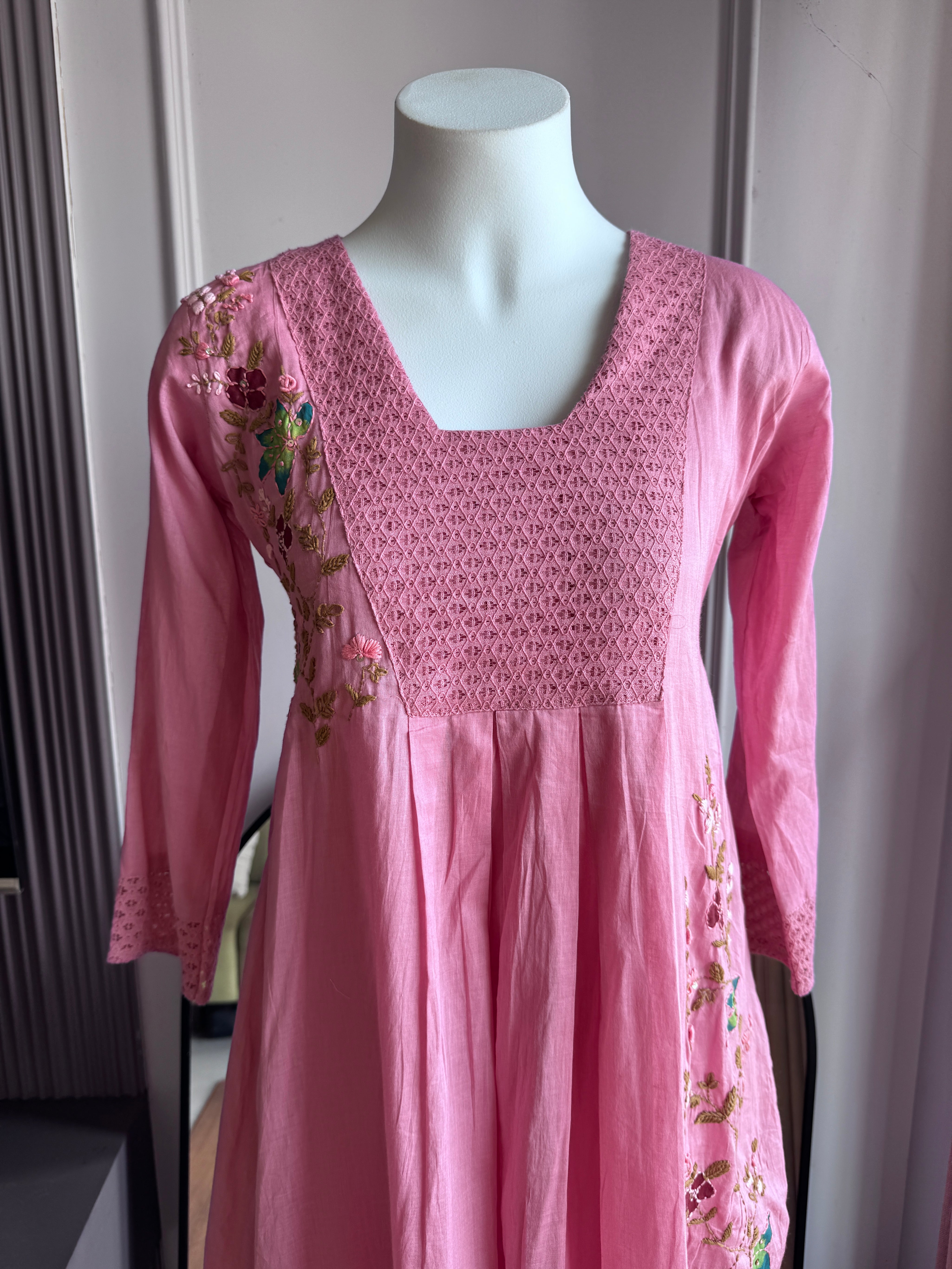 Deepika katha Work Short kurta With Plazzo Set- Pink