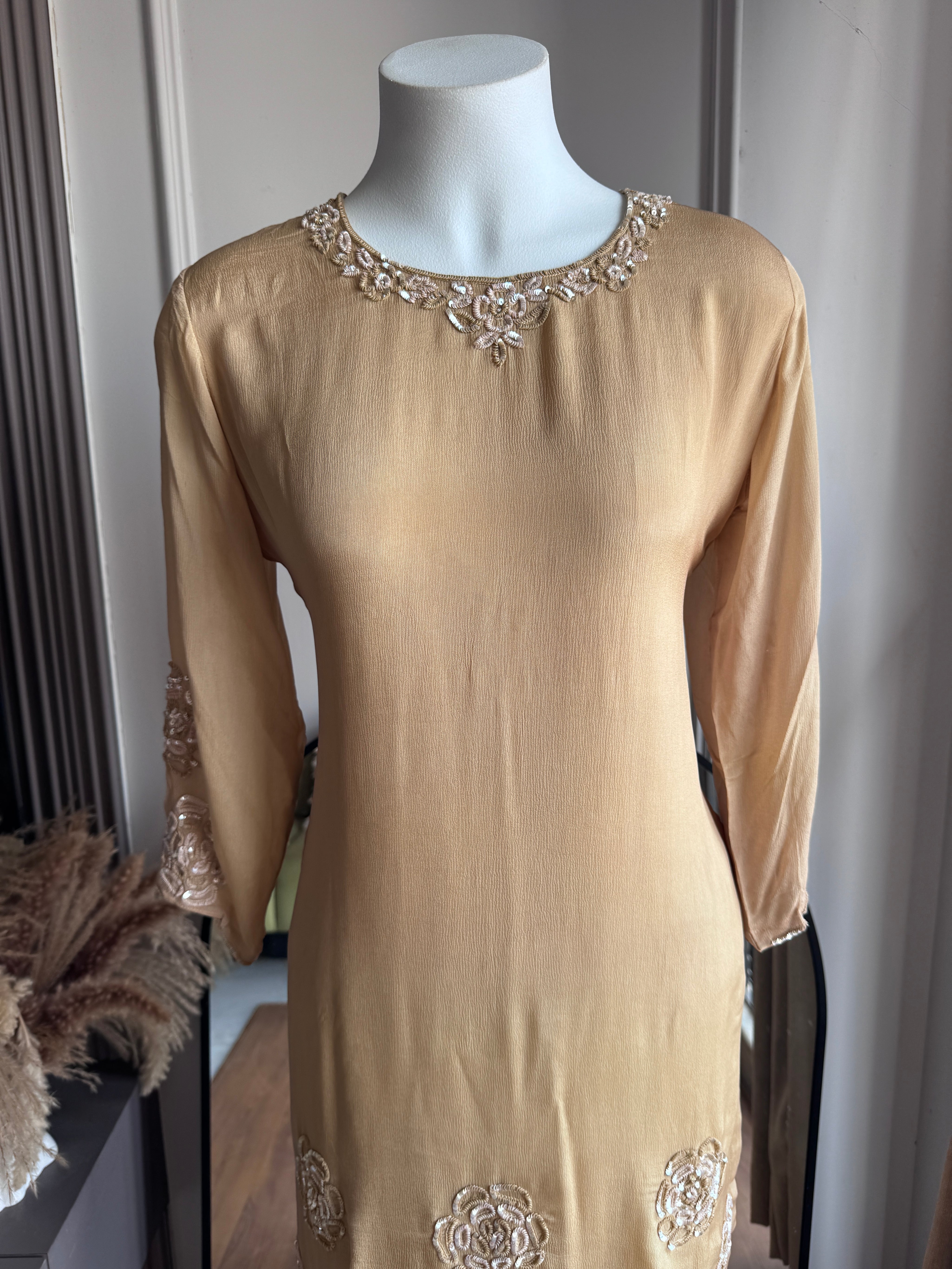Esha Handwork Short Kurta Sharara Dress-Beige (Make to Order)