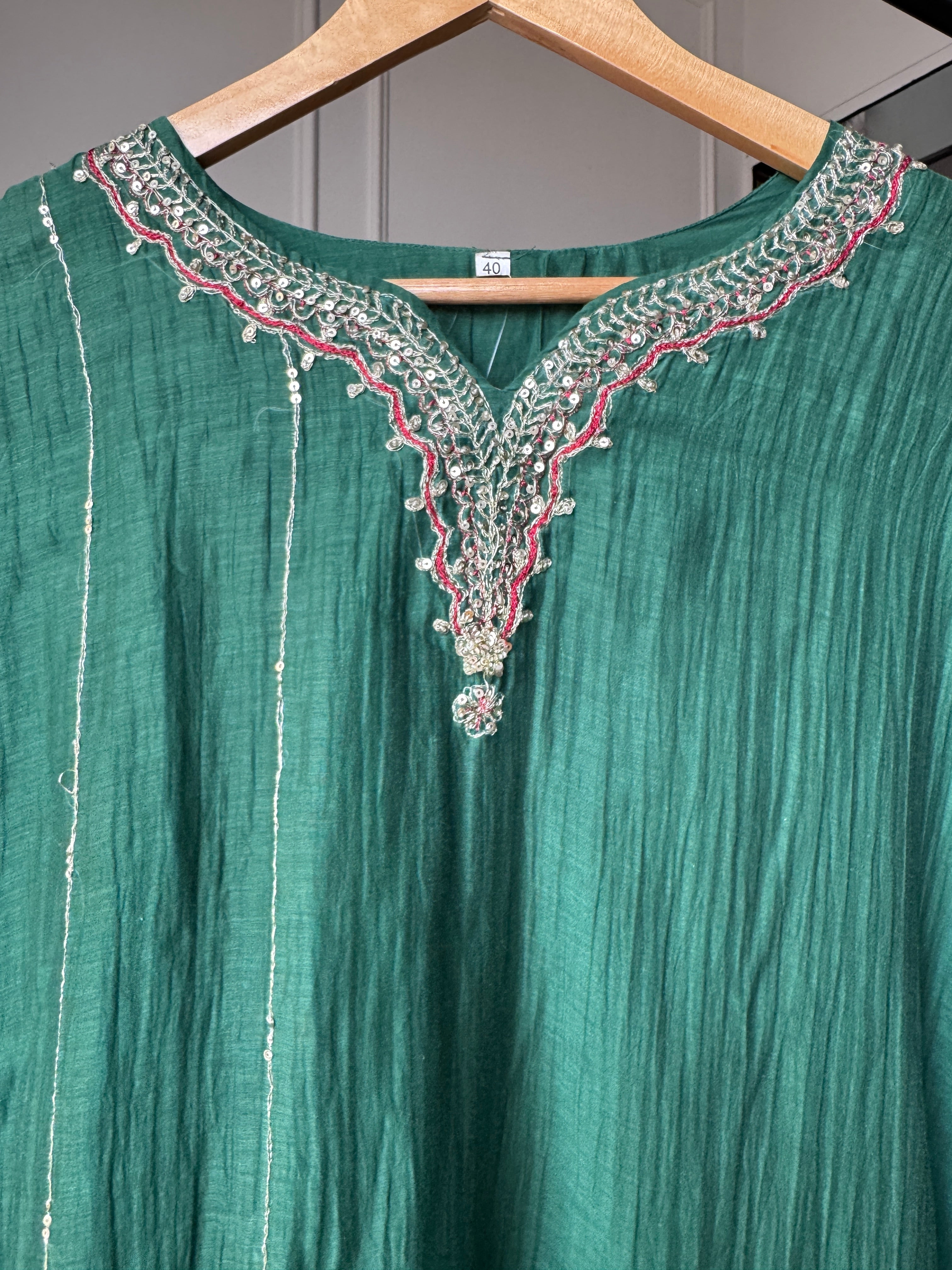 Megha Handwork Mul Chanderi Dress- Green