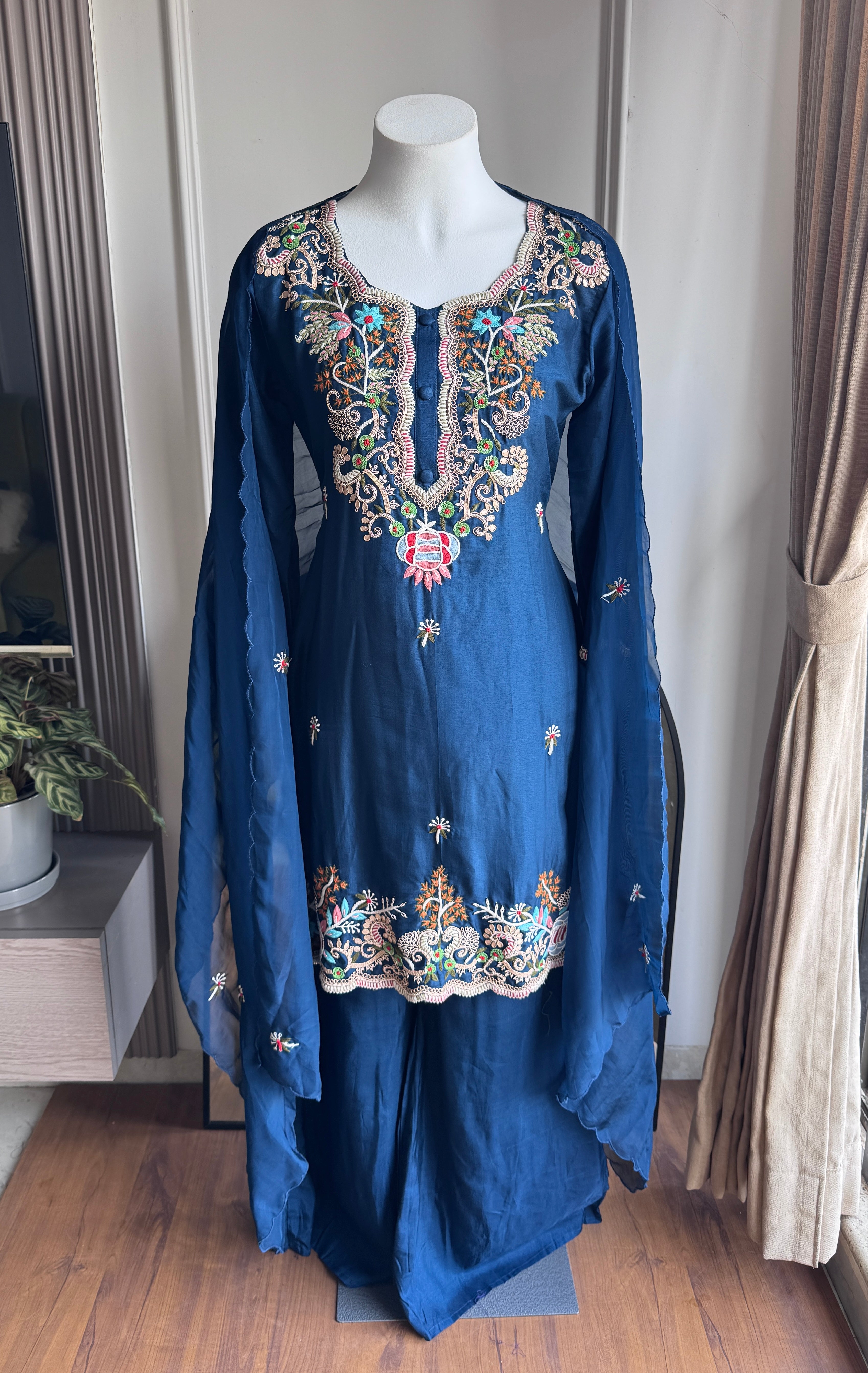 Aavya Embroided Plazzo Dress- Blue