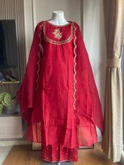 Sara Mul Chanderi Handwork Dress- Red(Preorder 5 days )