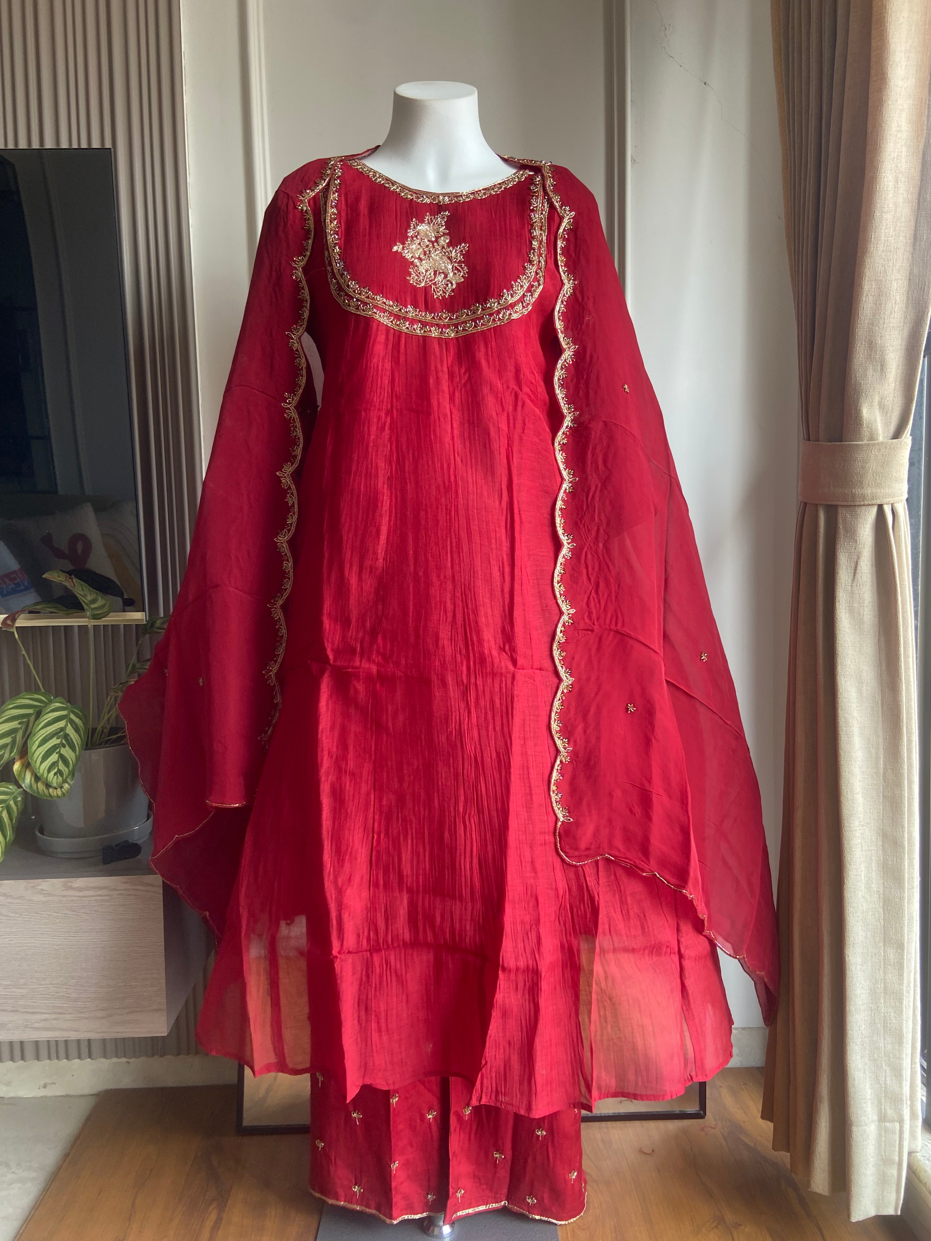 Sara Mul Chanderi Handwork Dress- Red(Preorder 5 days )