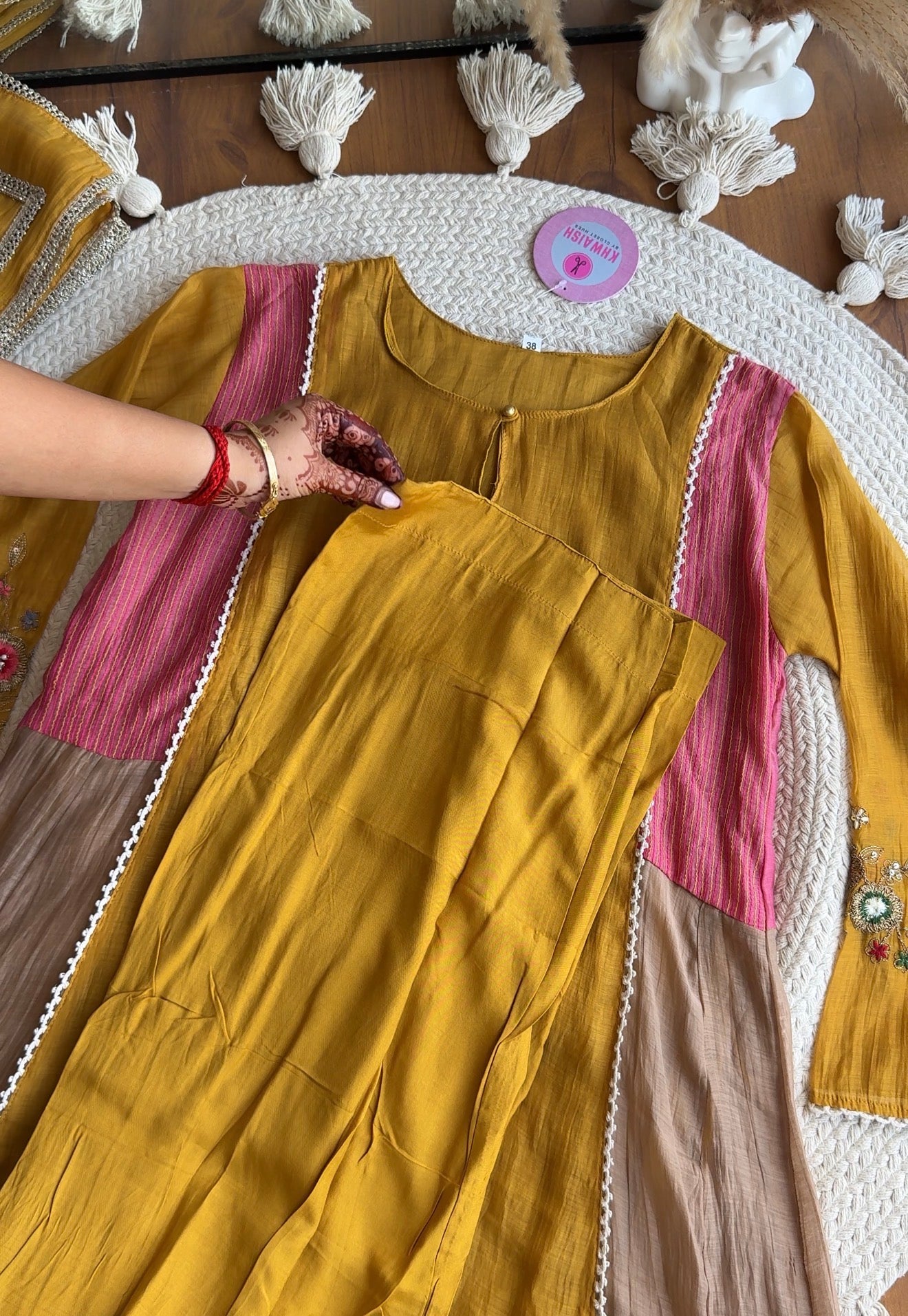 Geet  Contrast Panel Embroidered Dress-Yellow