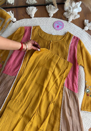 Geet  Contrast Panel Embroidered Dress-Yellow
