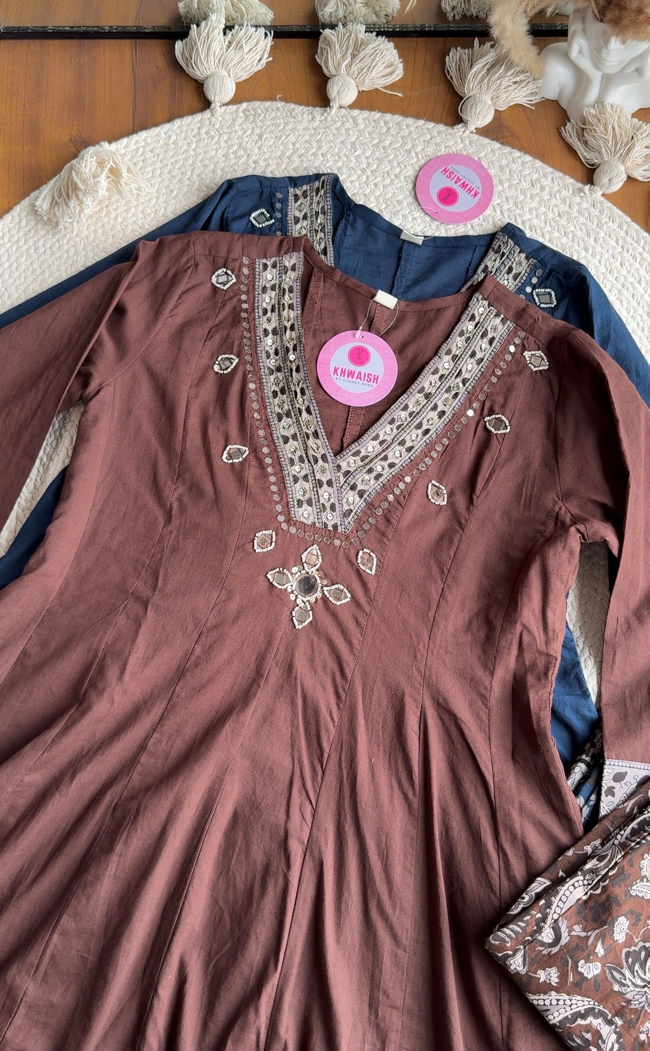 Gauri V Neck Anarkali Dress-Brown