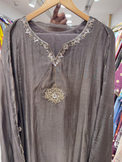 Jinal Mul Chanderi Handwork Dress- Charcoal Grey