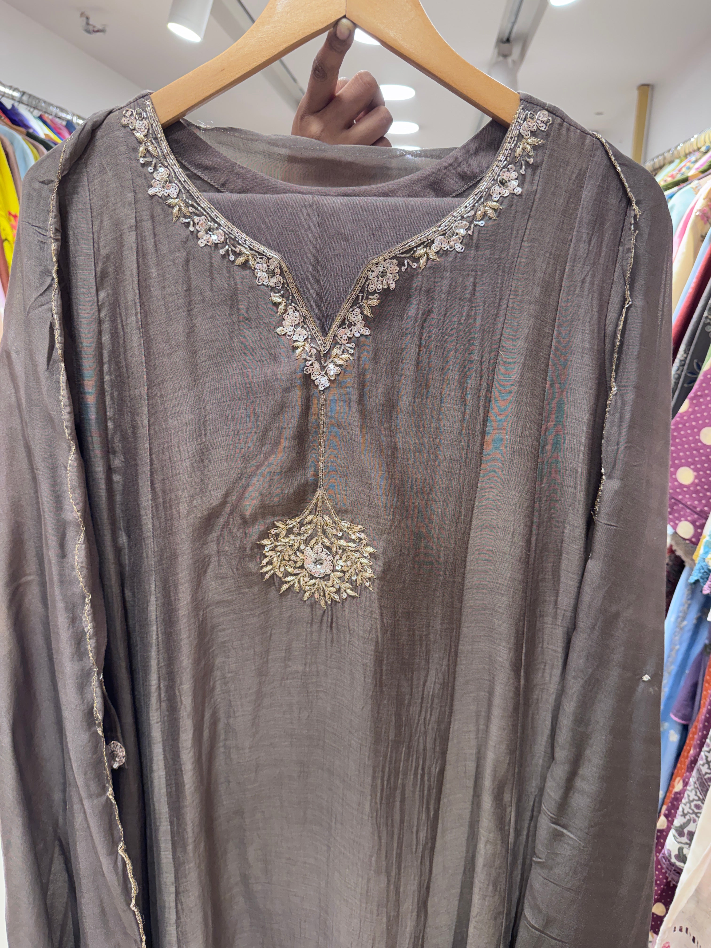 Jinal Mul Chanderi Handwork Dress- Charcoal Grey