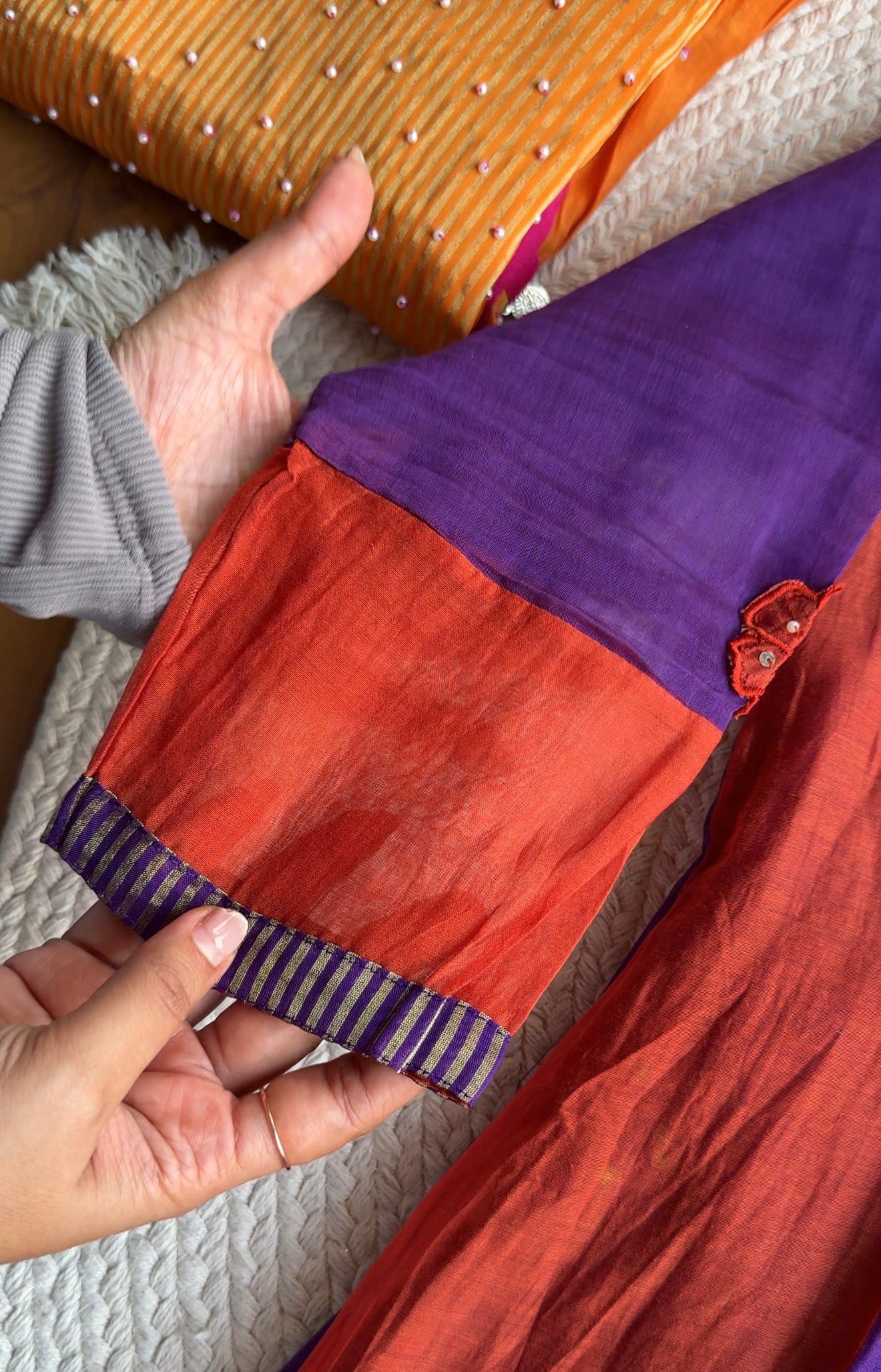 Saili Contrast Panel Mul Chanderi Dress-Purple With Rust