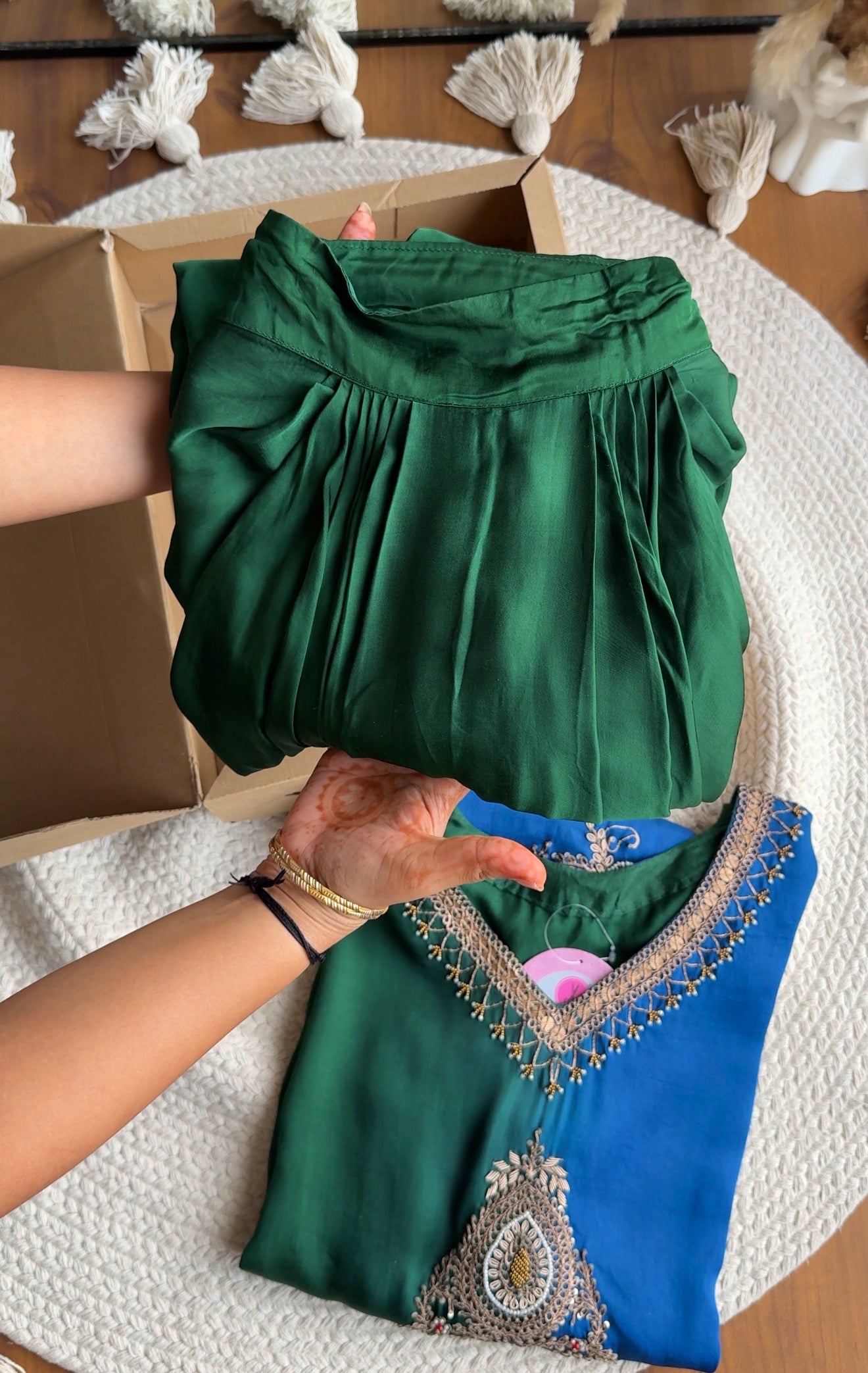 Radhika Hand Zardoshi Short Kurta With Dhoti Skirt- Blue with Green