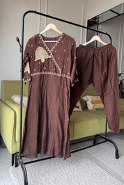 Kiran Handwork Mul Chanderi Anarkali Dress- Brown