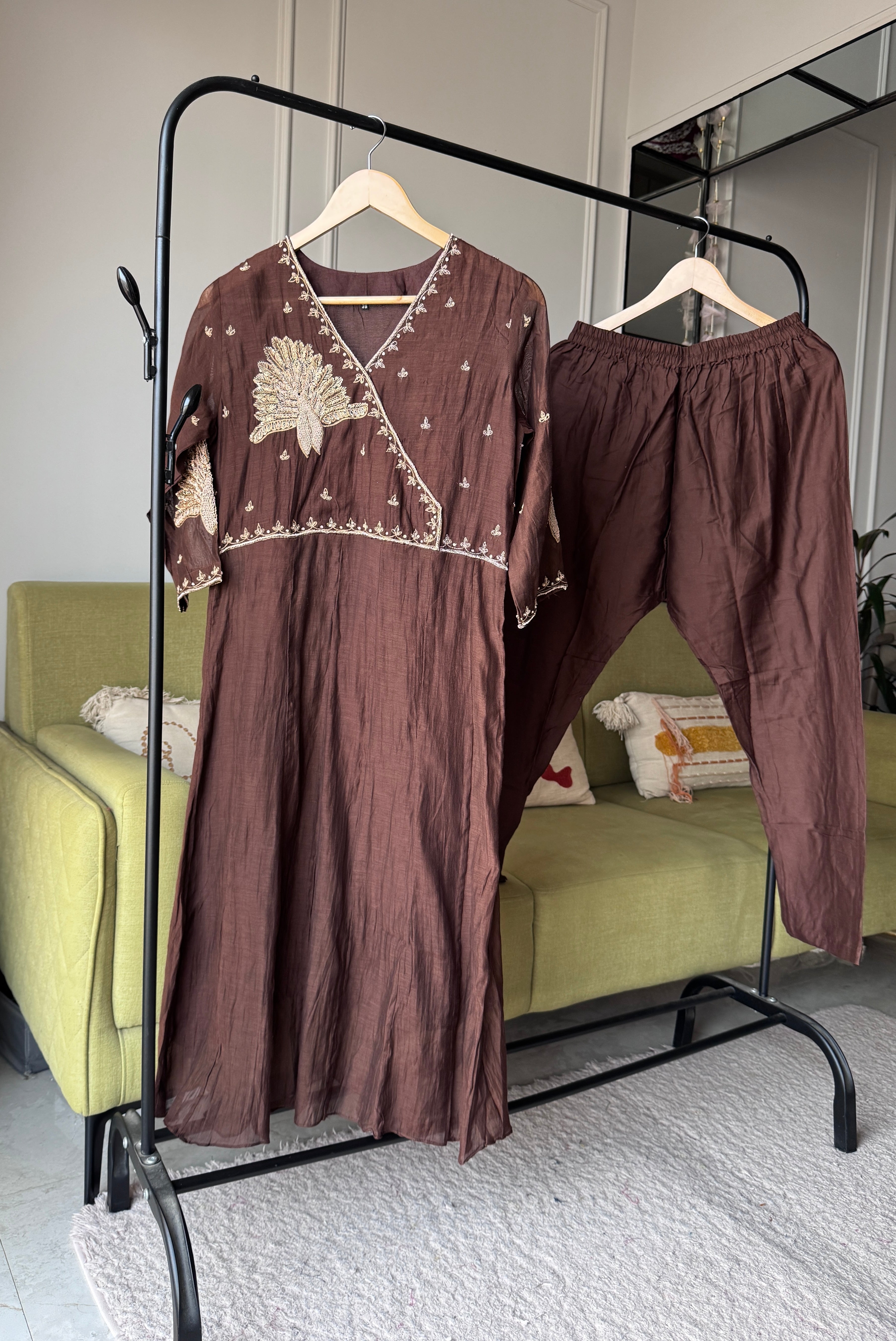 Kiran Handwork Mul Chanderi Anarkali Dress- Brown