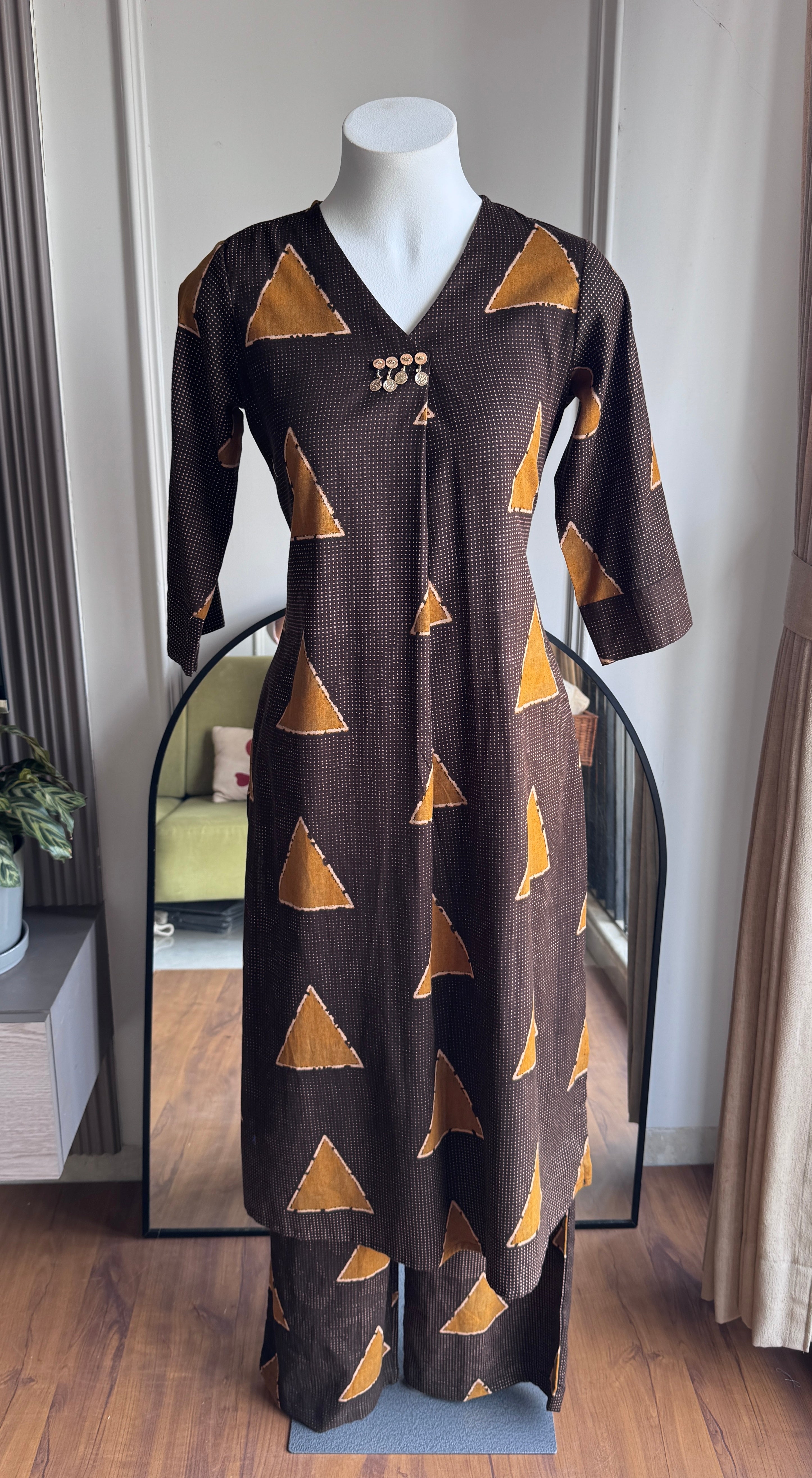 Aachal Print Cotton Dress- Brown