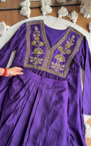 Natasha  deep purple satin embroidered v-neck short  tunic paired with matching dhoti