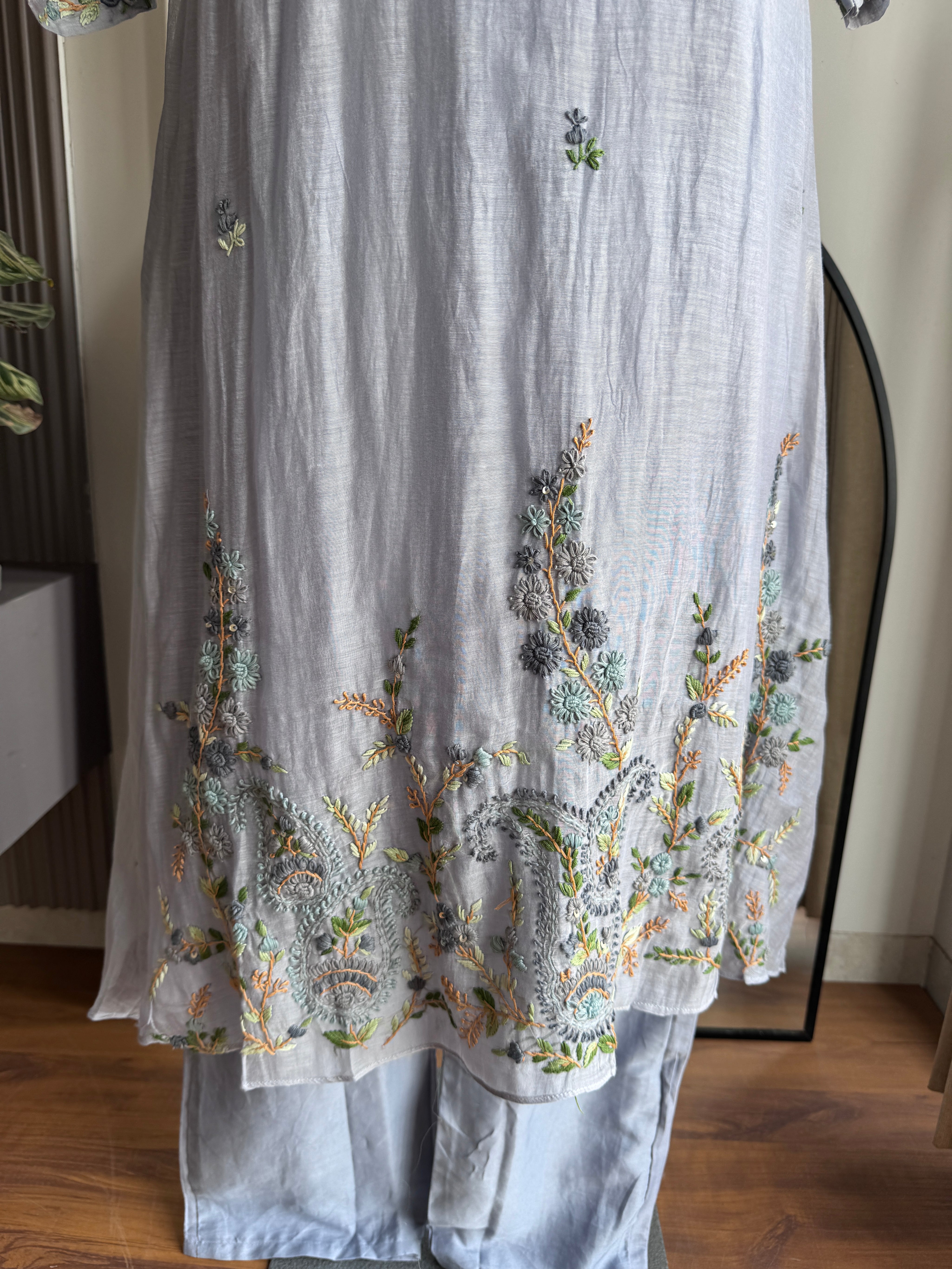 Hrida Katha Work Mul Chanderi Dress- Grey (Make to Order)