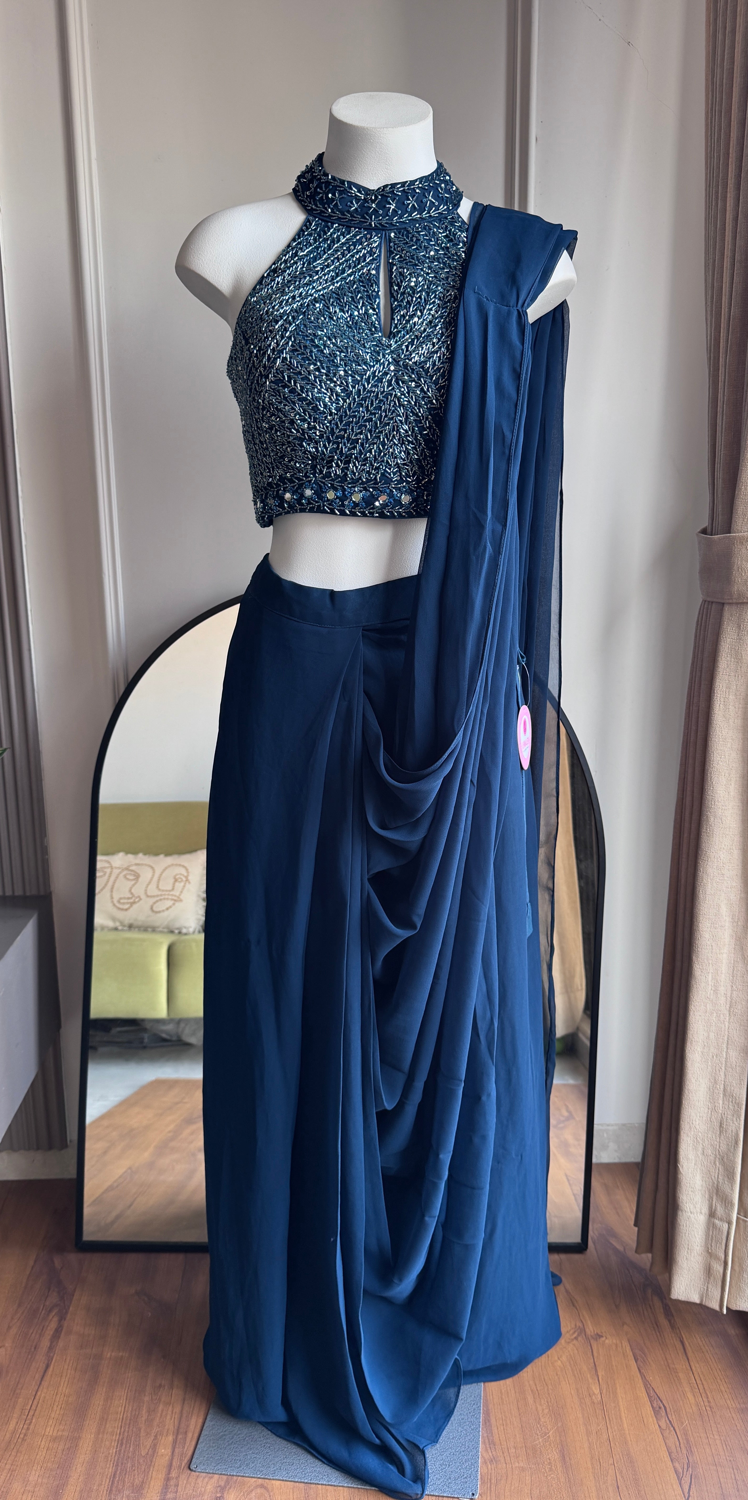 Risha Handwork Drape Saree Set- Blue