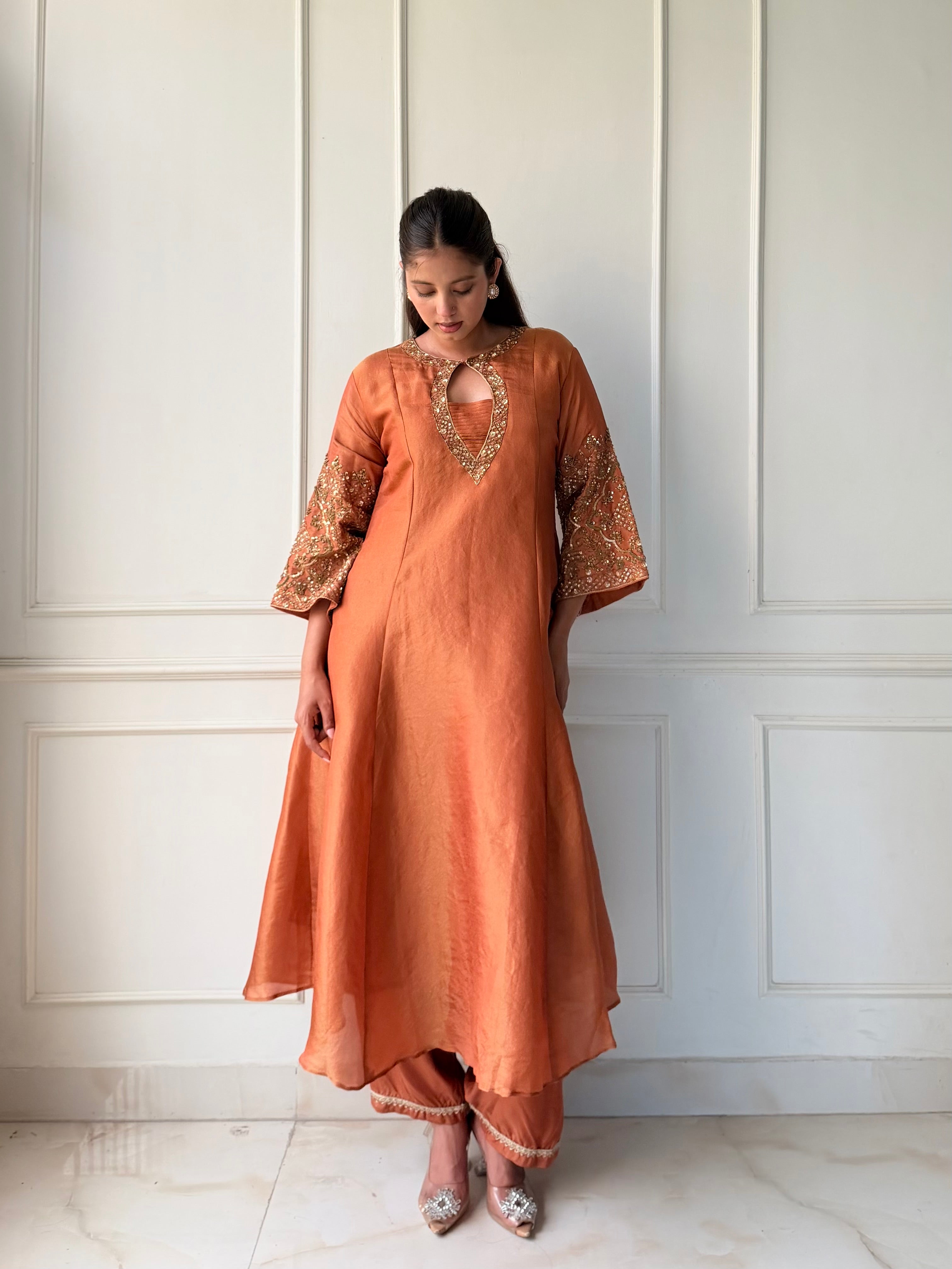 Kinjal Heavy Hand Zardosi Dress- Orange