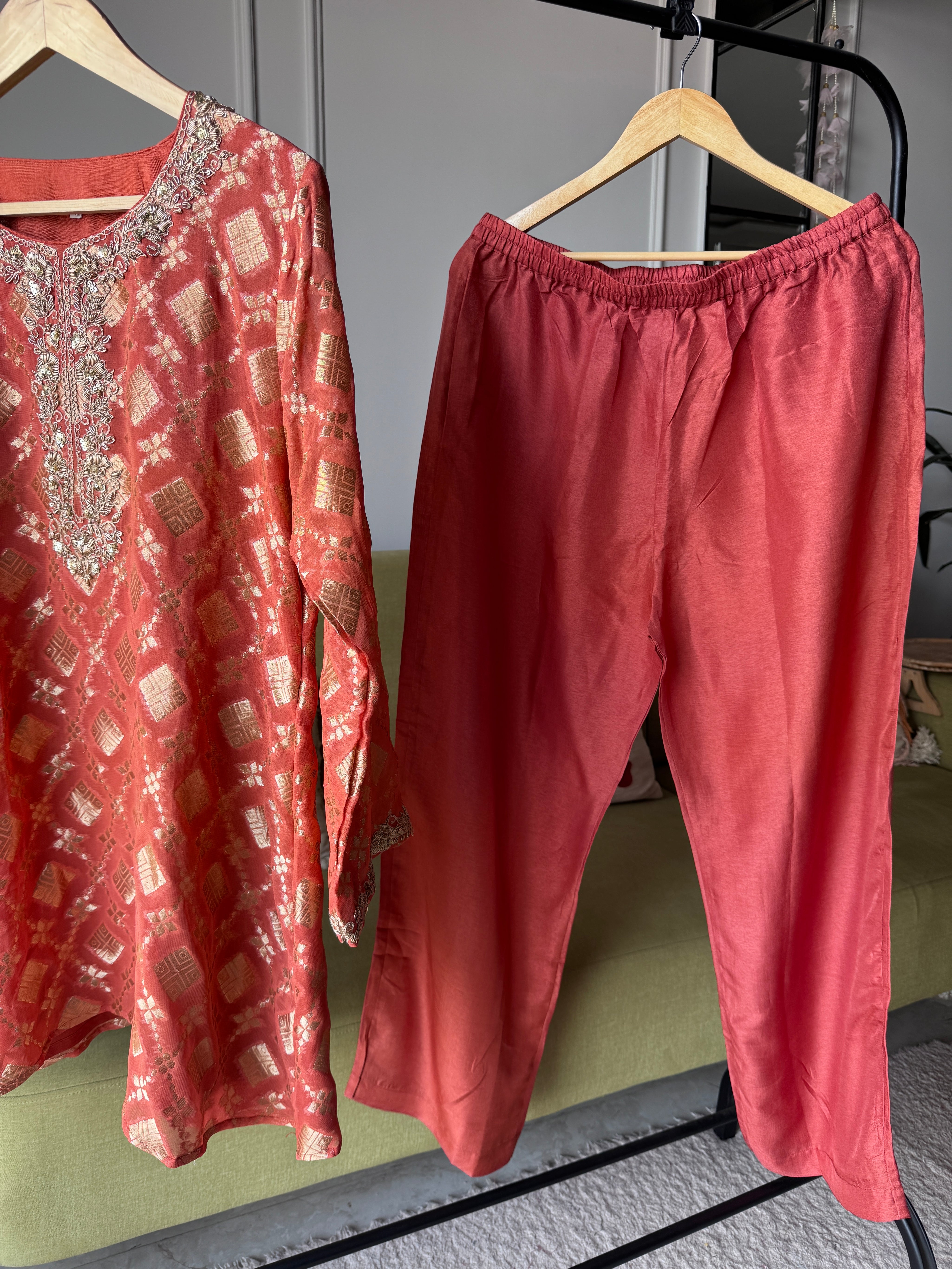Riya Handwork Coord Set-Rust