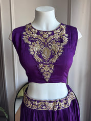 Sita Hand work padded blouse with cancan Lehenga and cover up - Purple (Make to Order)