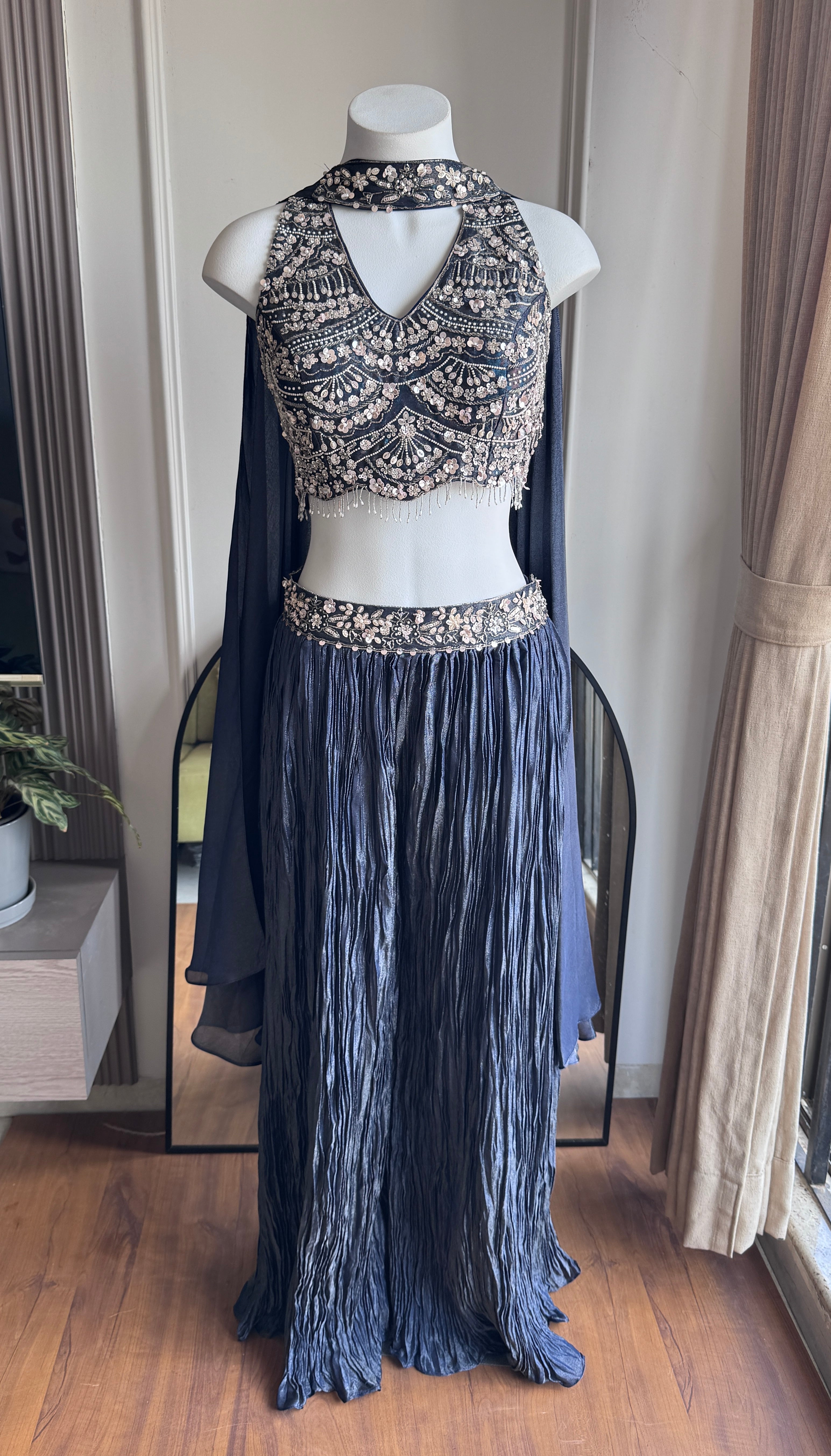 Sana halter neck blouse with palazzo and choker dupatta - Blueish Grey