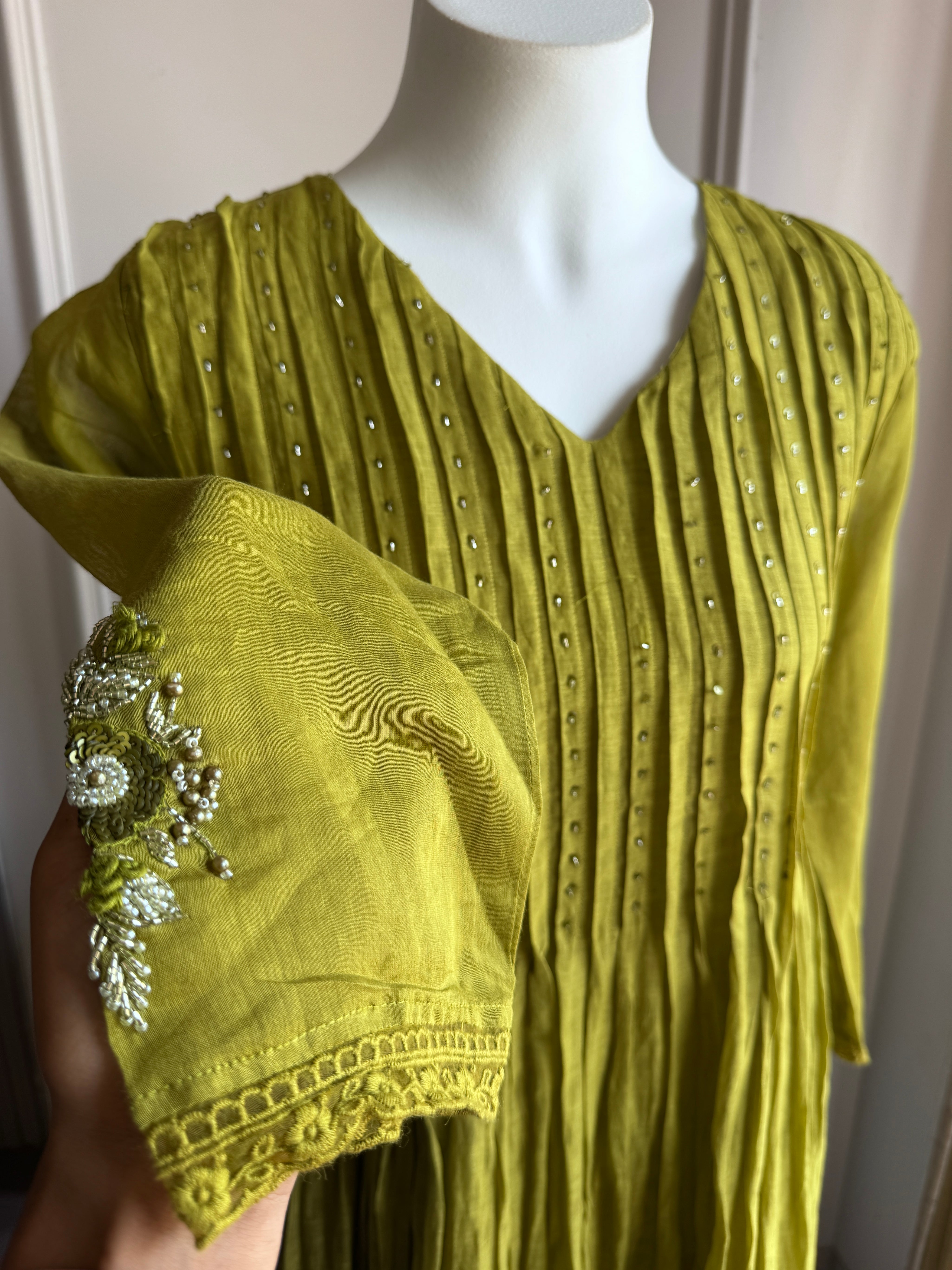 Pushti Handwork Mul Chanderi  Dress - Green