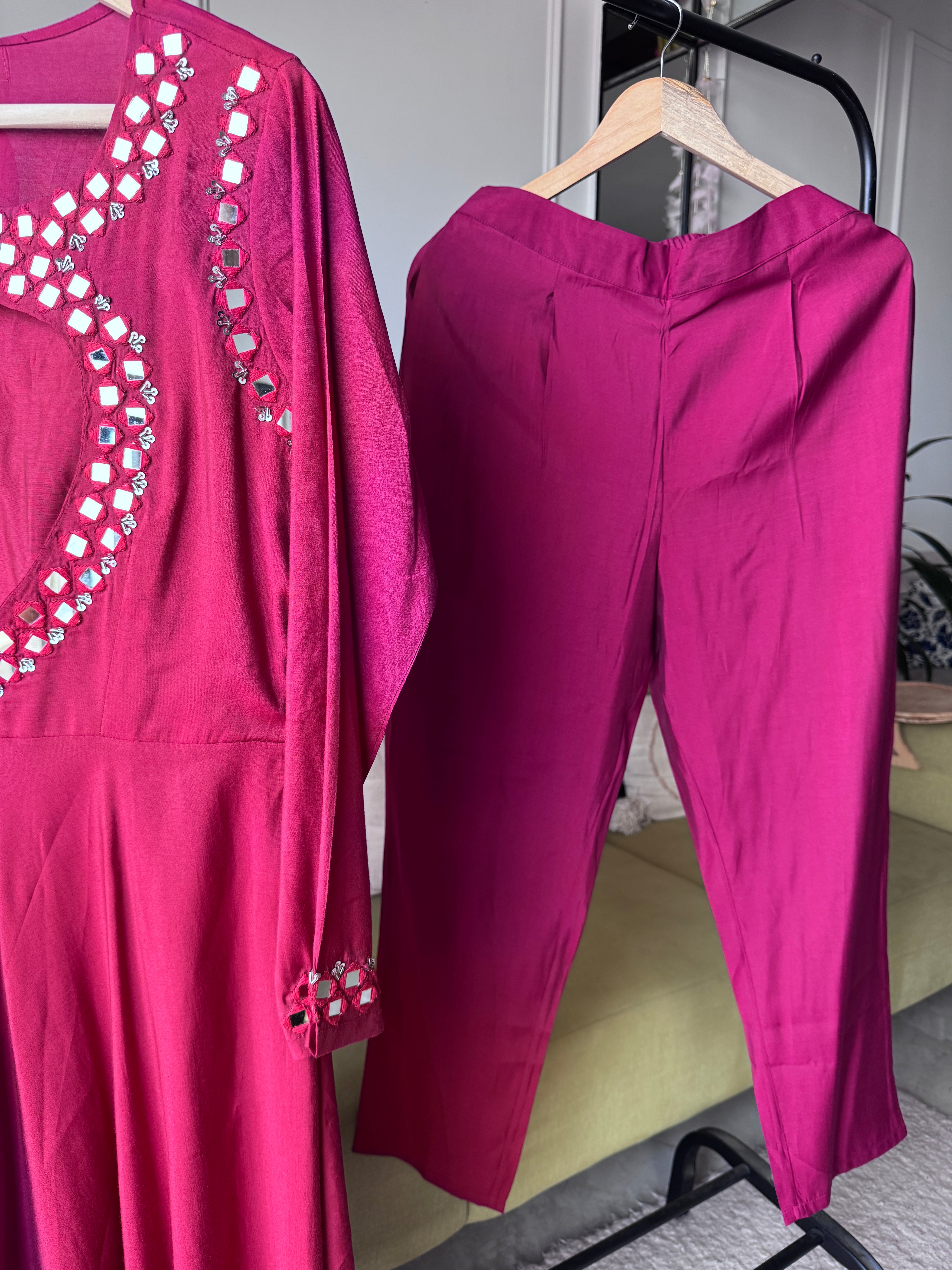 Kainat Muslin Mirror Work Dress- Maroon