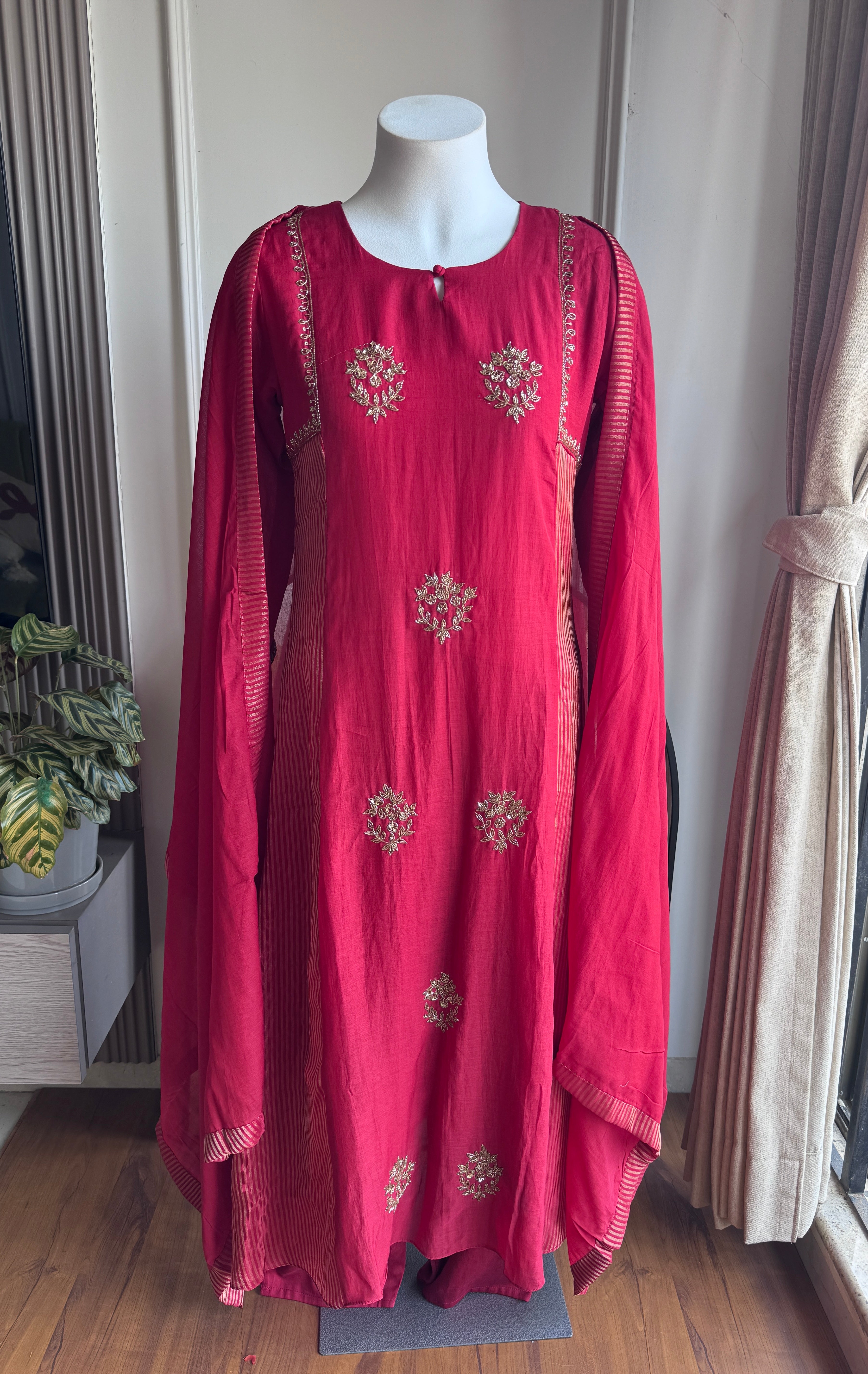 Yukti Striped Tissue with Mul Chanderi Dress- Rust