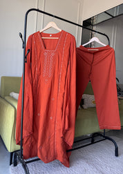 Tanya Embroided Cotton Dress- Rust