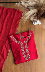 Handzardosi Work Short Kurta Plazo Set- Red