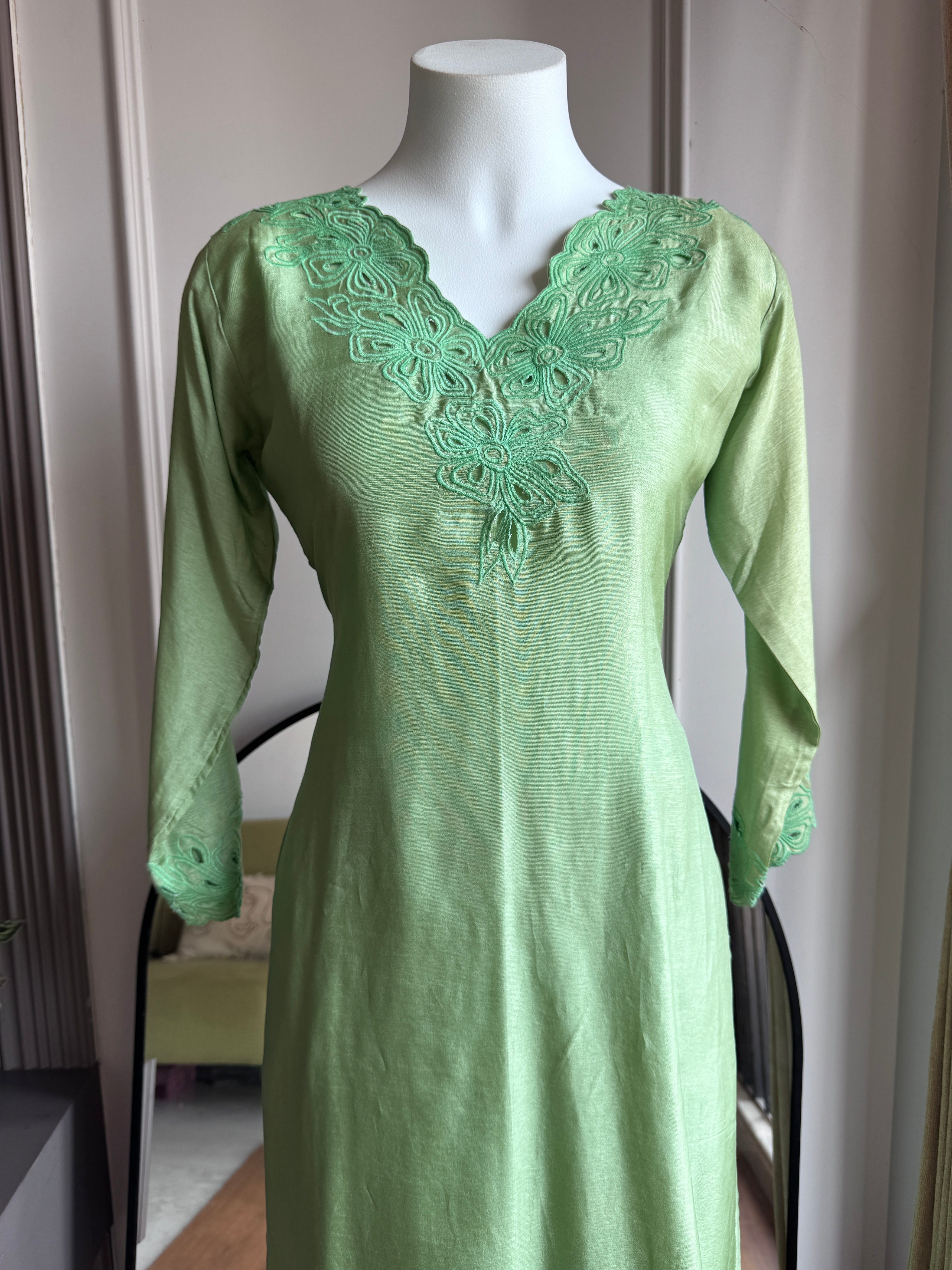 Krisha Cut Work Dress- Pista Green