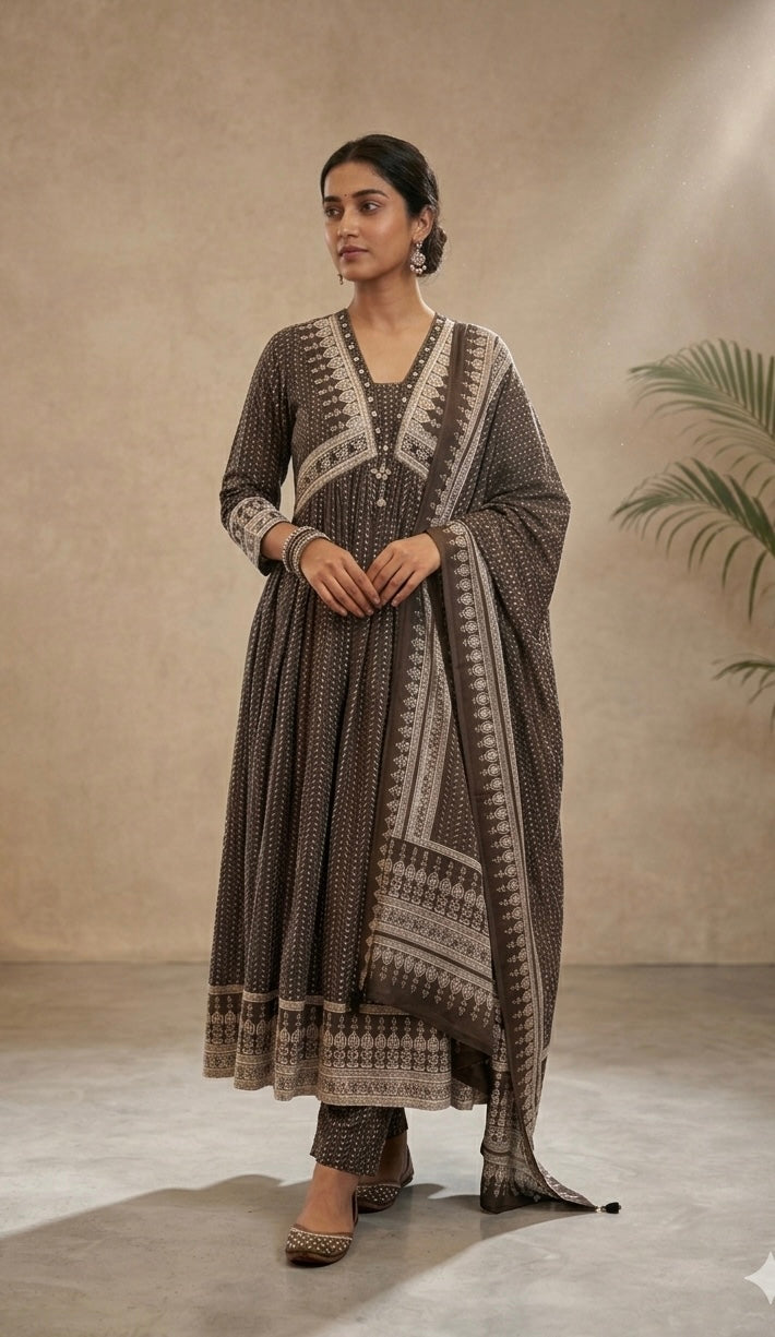 Swara Alia Neck Anarkali Dress -Grey