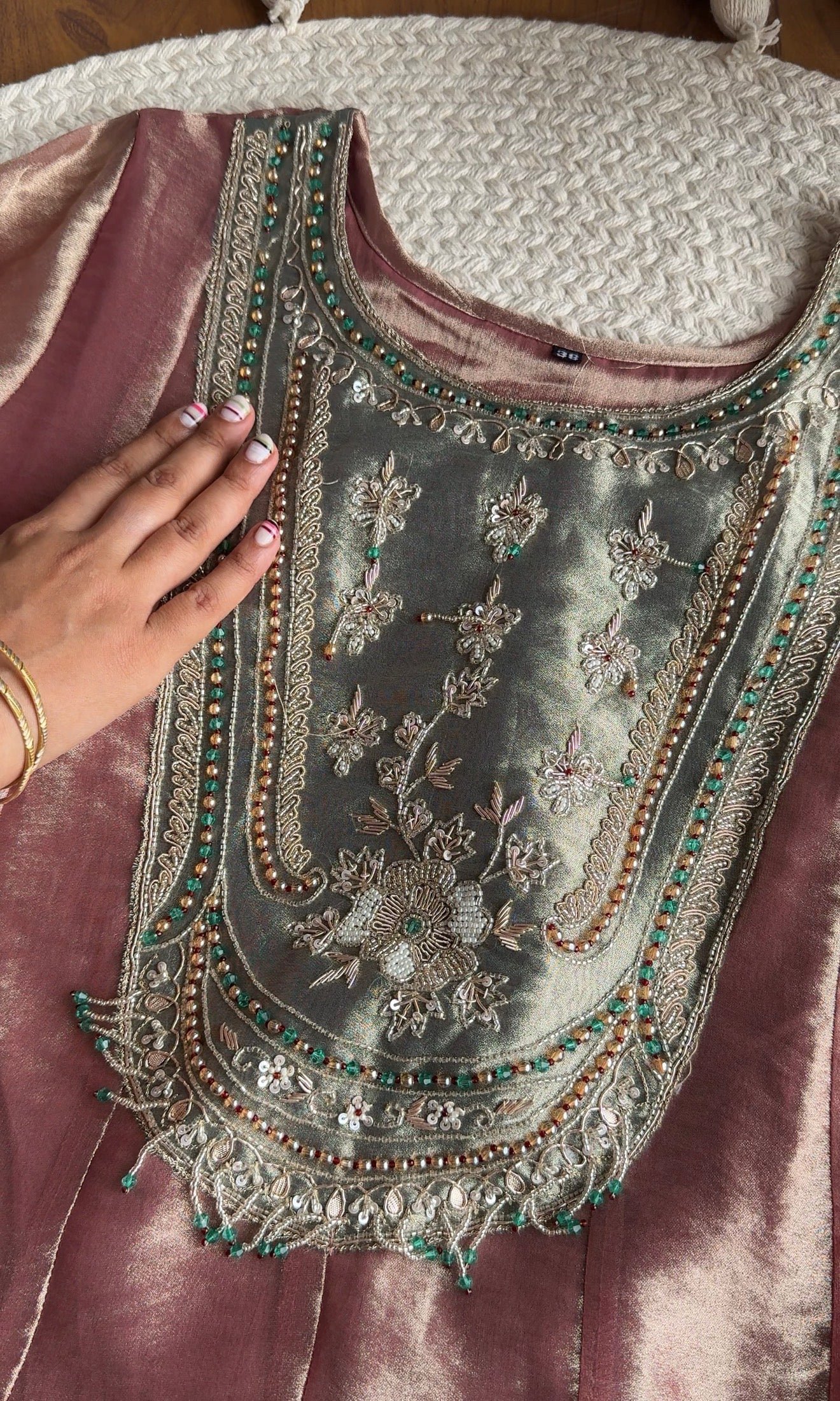 Jasleen Handwork Tissue Organza Anarkali Dress- Pink With Green Contrast