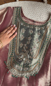 Jasleen Handwork Tissue Organza Anarkali Dress- Pink With Green Contrast