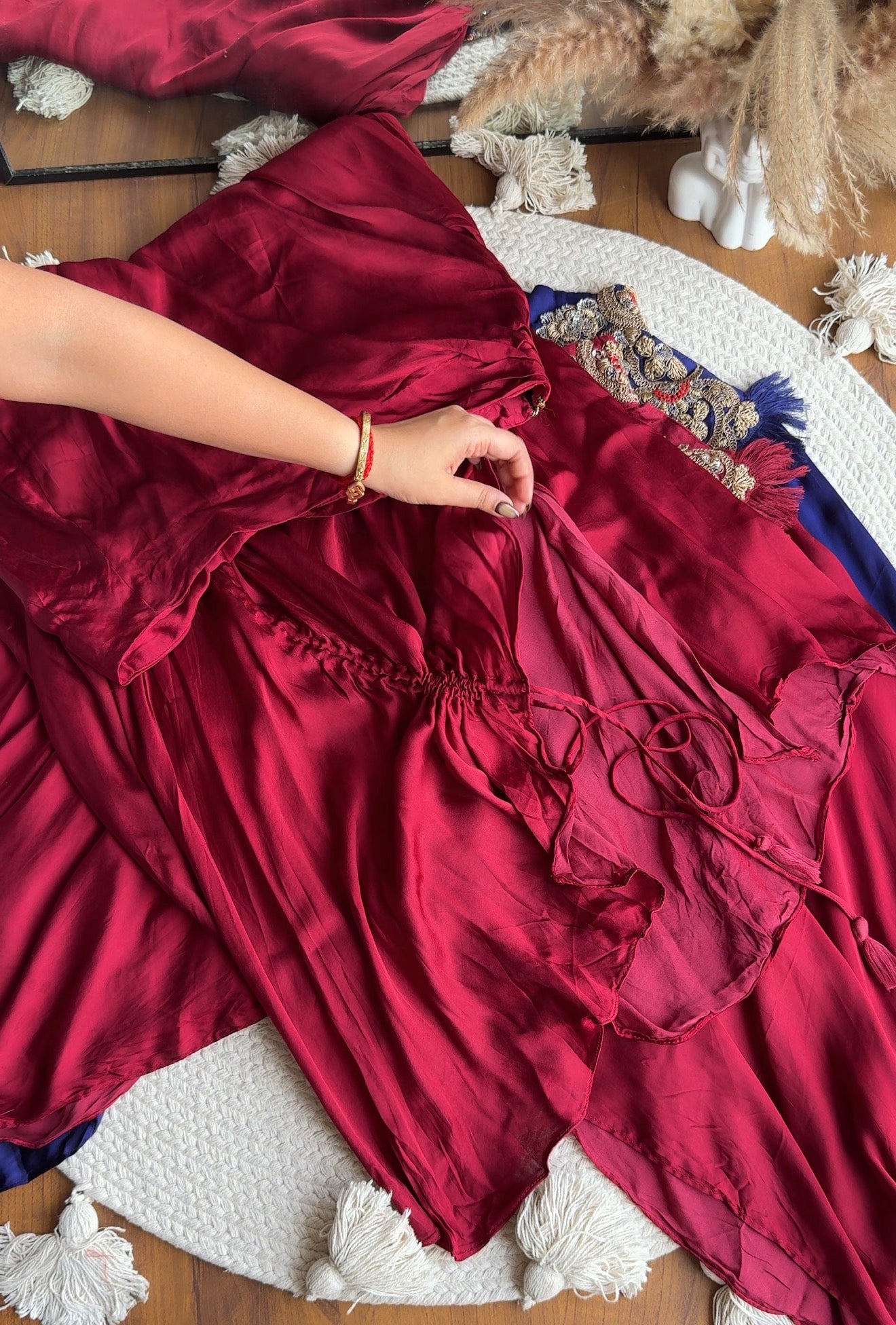 Anushka pure jardozi hand work short kaftan with dhoti- blood red