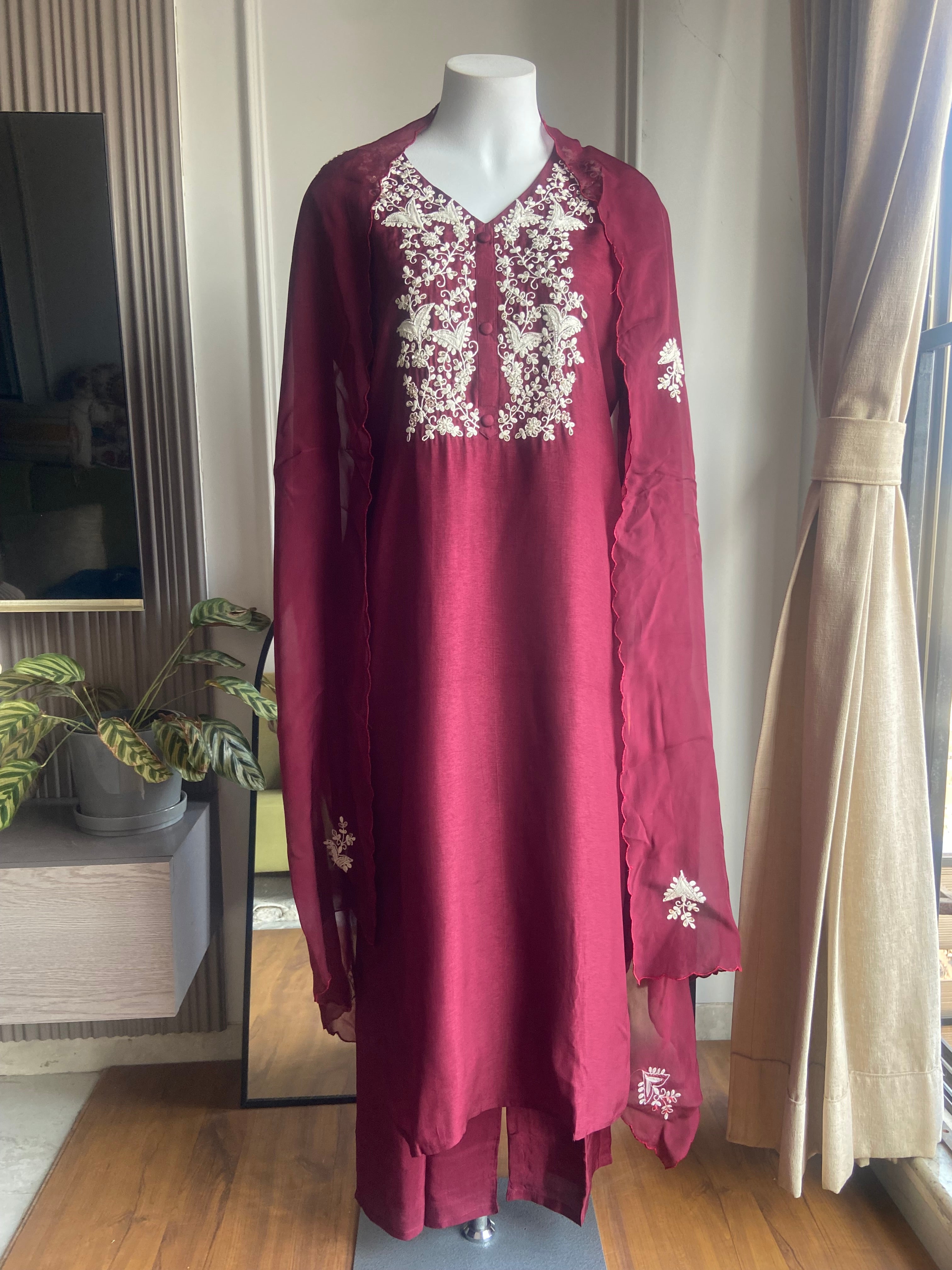 Priti Embroided Dress- Wine