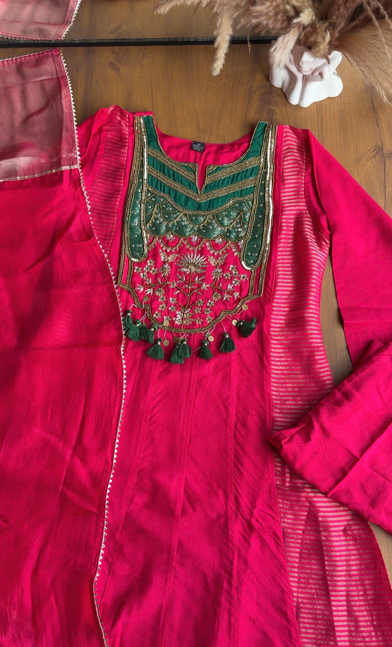 Shanaya Handwork Mul Chanderi With Tissue Stripe Dress- Pink