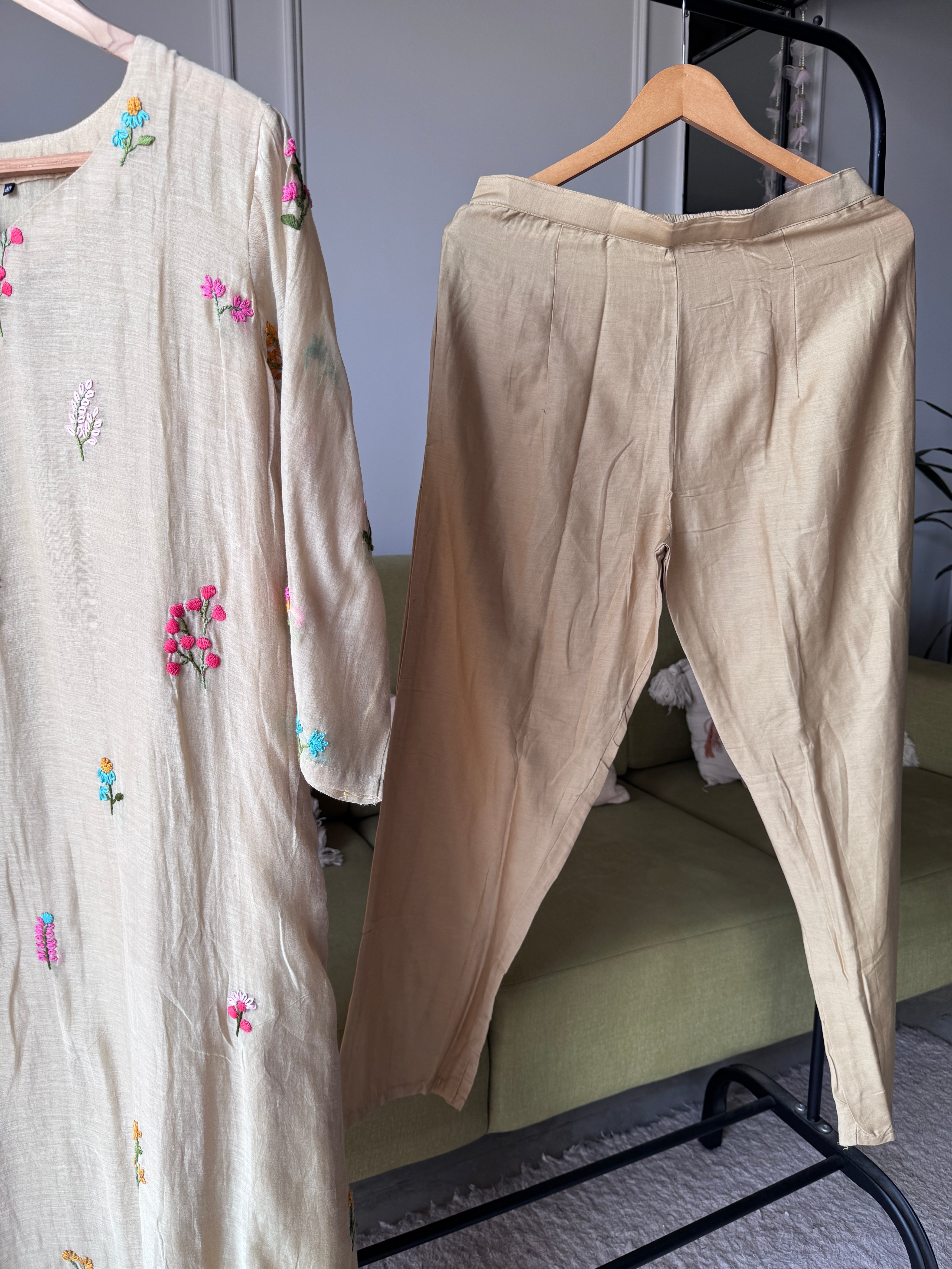 Siya Floral Embroided Mul Chanderi Dress- Beige