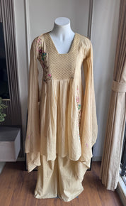 Deepika katha Work Short kurta With Plazzo Set- Beige