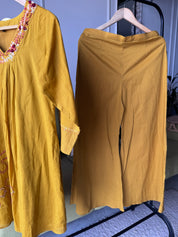 Disha Embroided Mul Cotton Dress- Musturd