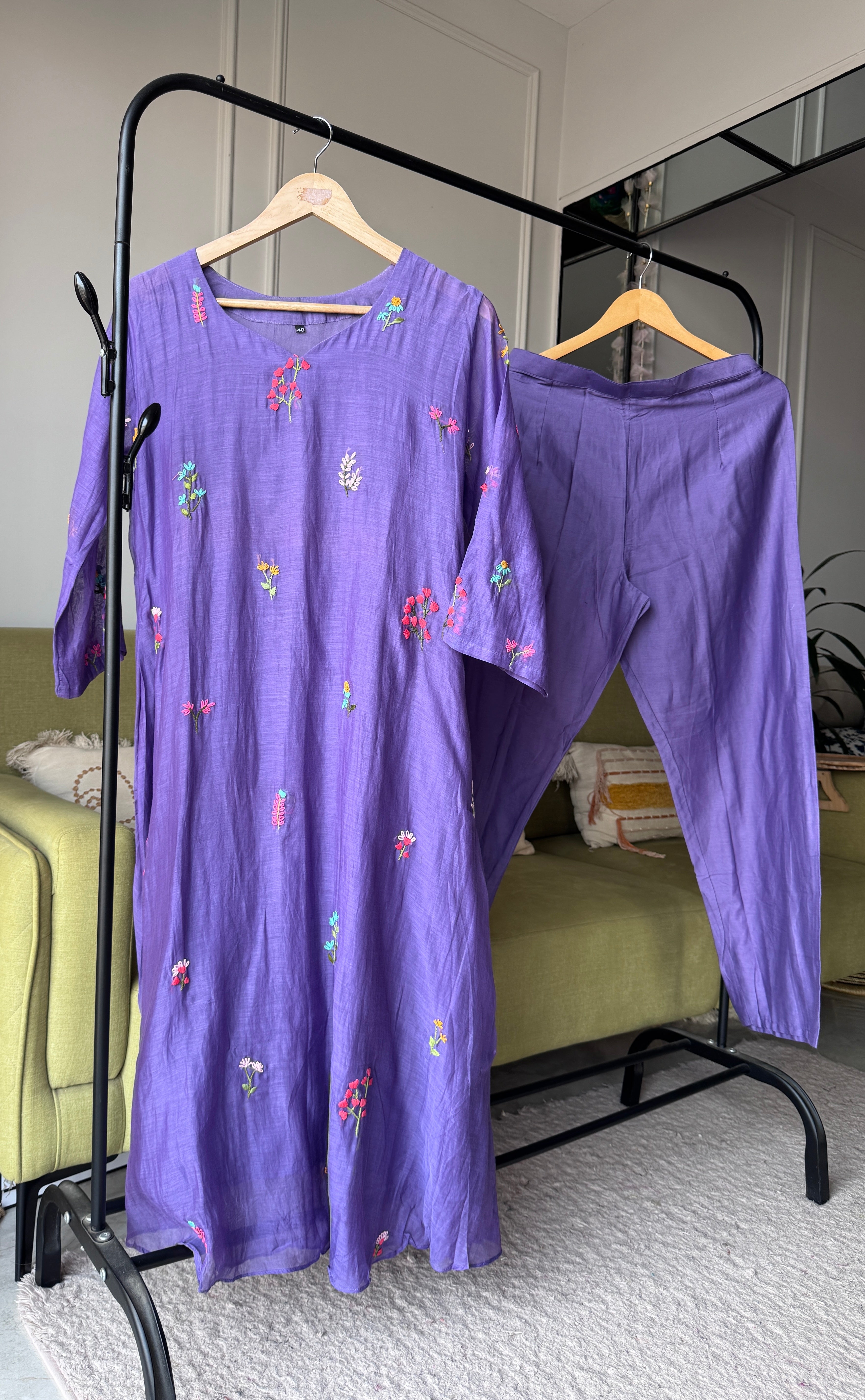 Siya Floral Embroided Mul Chanderi Dress- Lavender