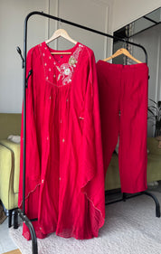 Farheen  Handwork Mul Chanderi Dress- Cherry Red