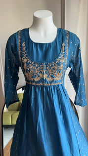 Mayra Koti Neck Handwork Dress- Blue