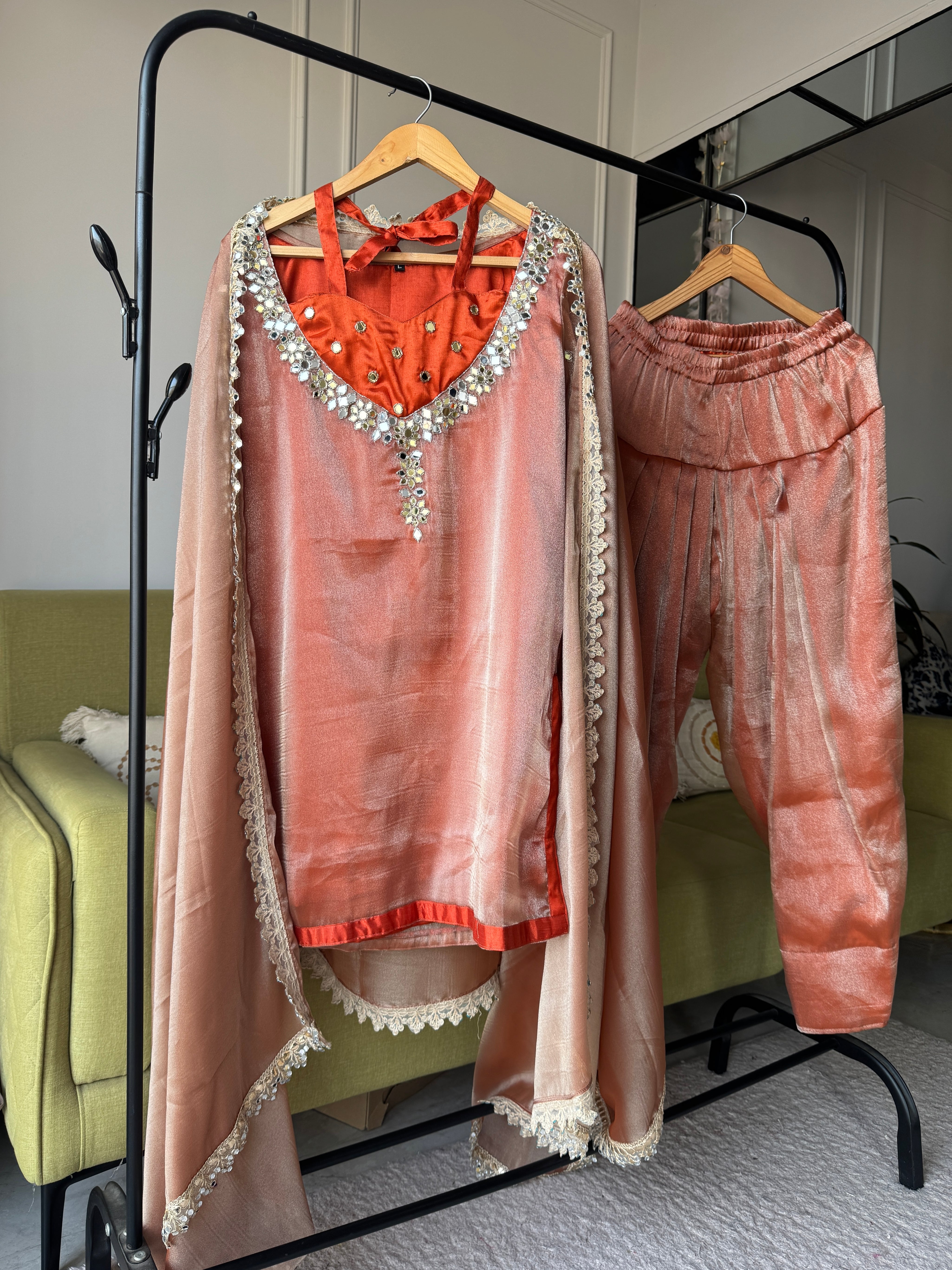 Niha Glass Tissue Mirror Work Dress- Rust