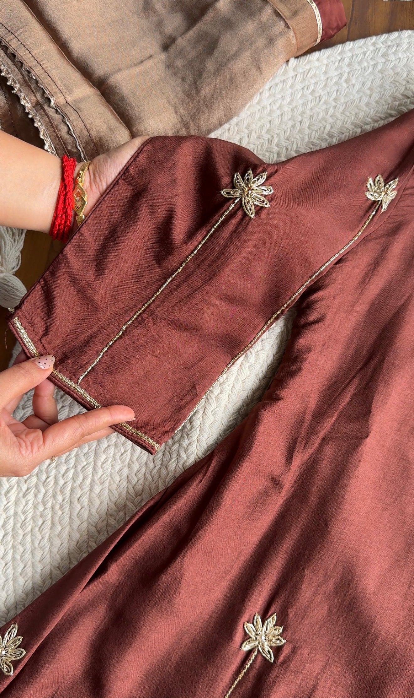 Aditi Short Kurta Hand Work Angrakha Dress-Brown