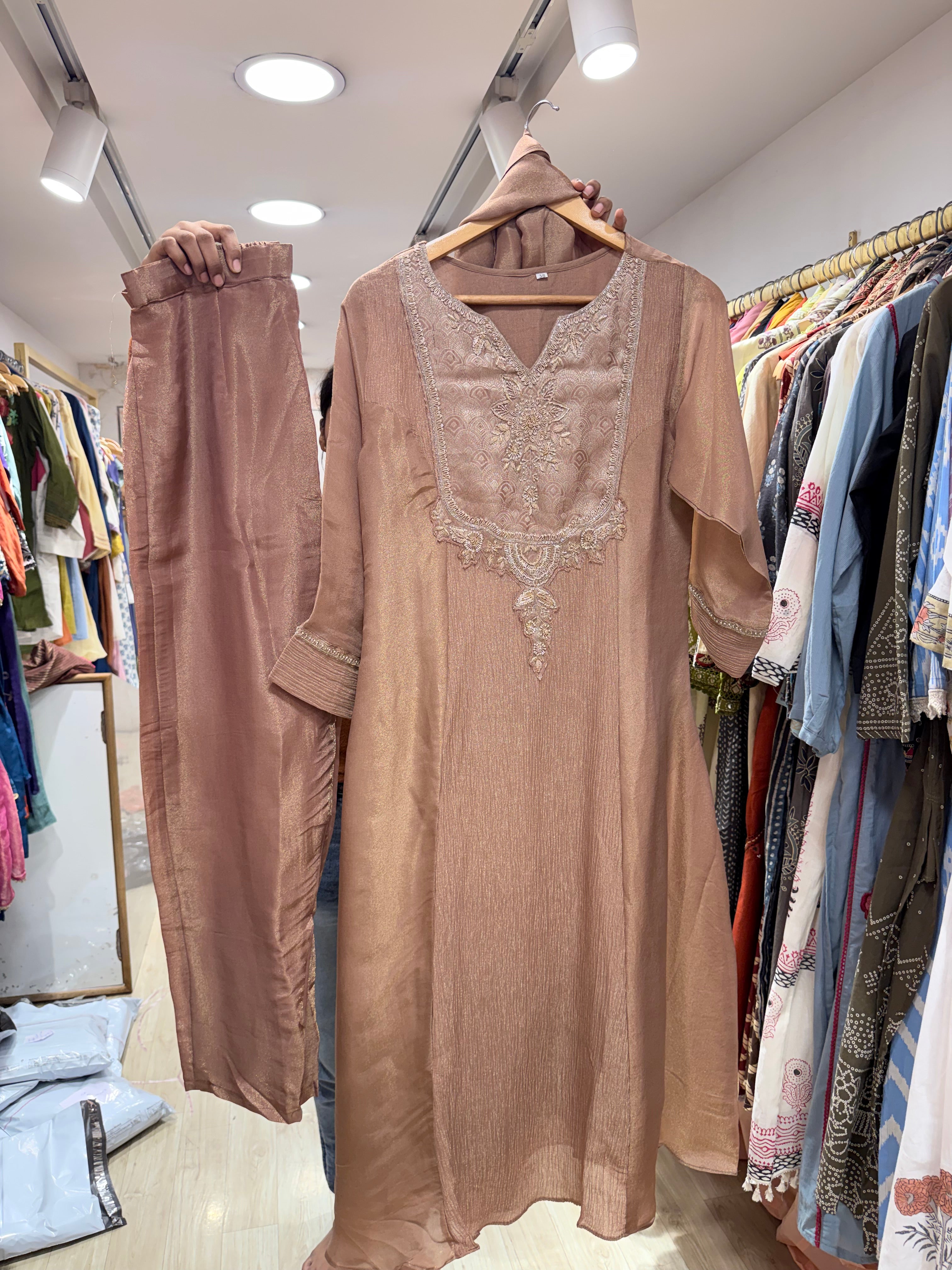 Rajvi Handwork Tissue Dress - Brown
