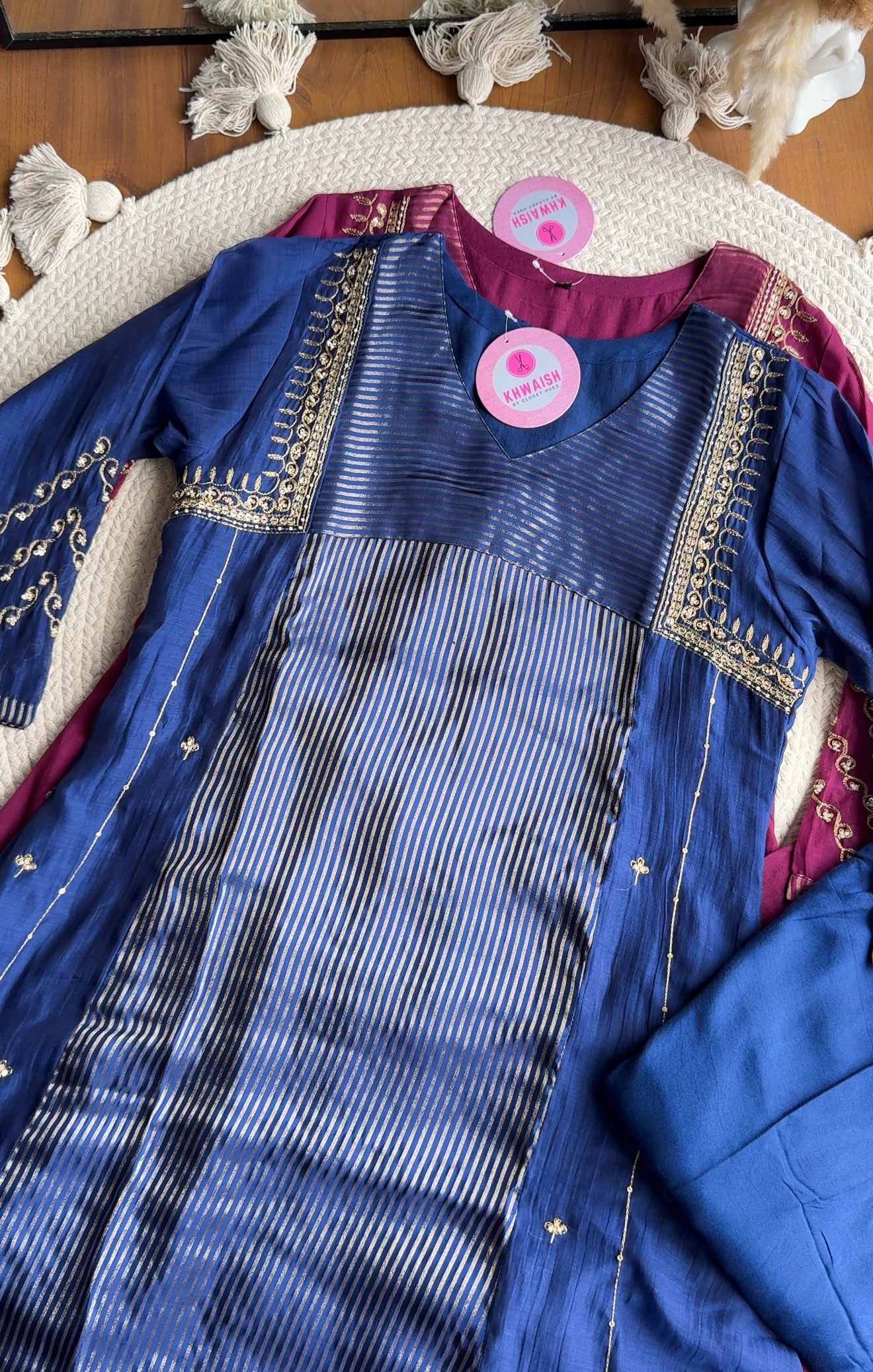 Suri Handwork Mul Chanderi Dress-Blue