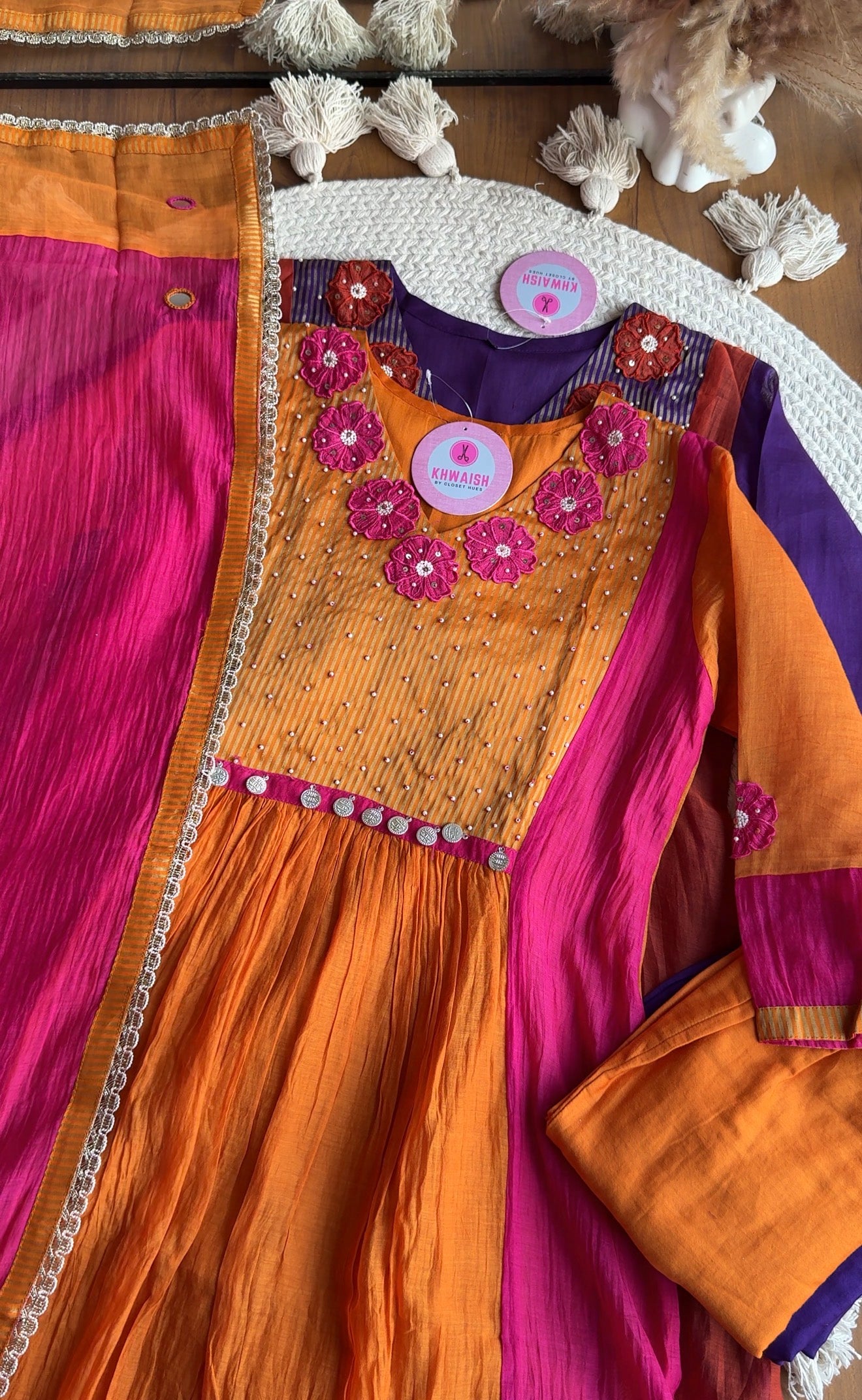 Saili Contrast Panel Mul Chanderi Dress-Pink With Orange